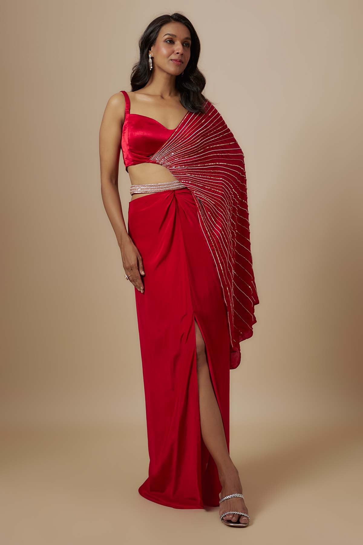 Red Drape Blouse & Slit Skirt