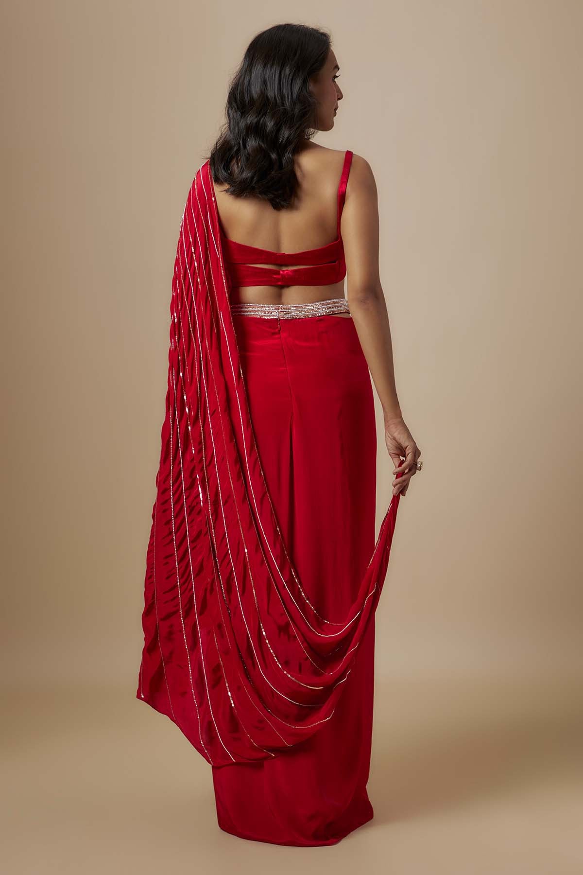 Red Drape Blouse & Slit Skirt