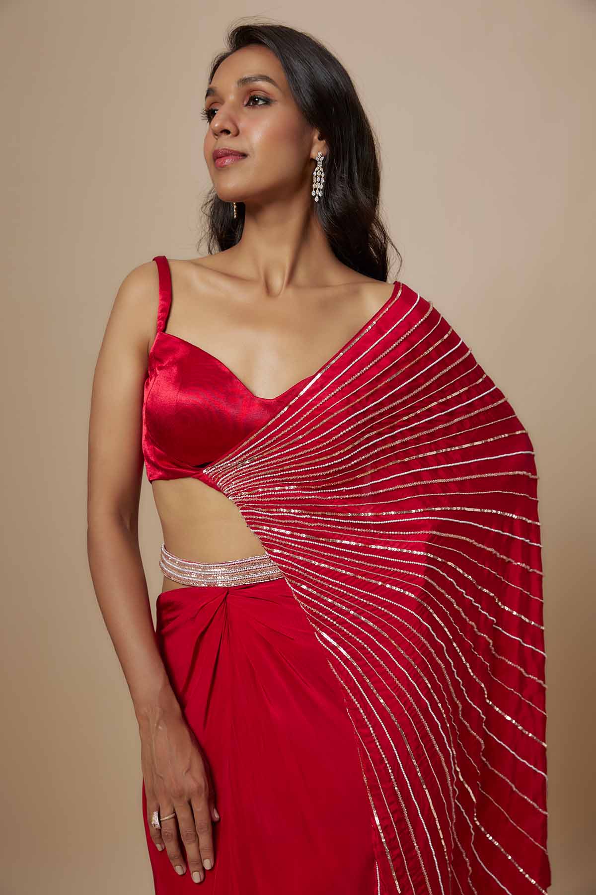 Red Drape Blouse & Slit Skirt