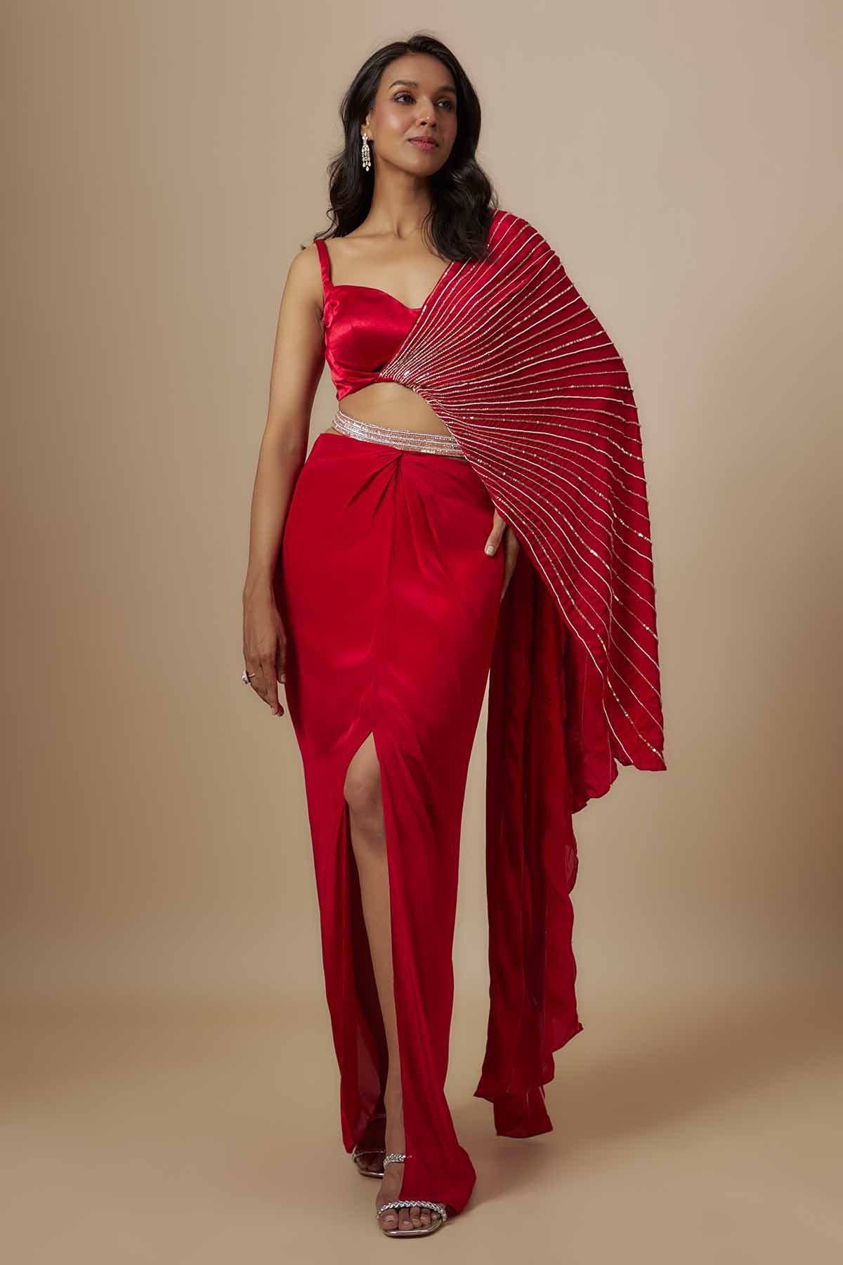 Buy Red Drape Blouse & Slit Skirt by Masumi Mewawalla for women online at ScrollnShops