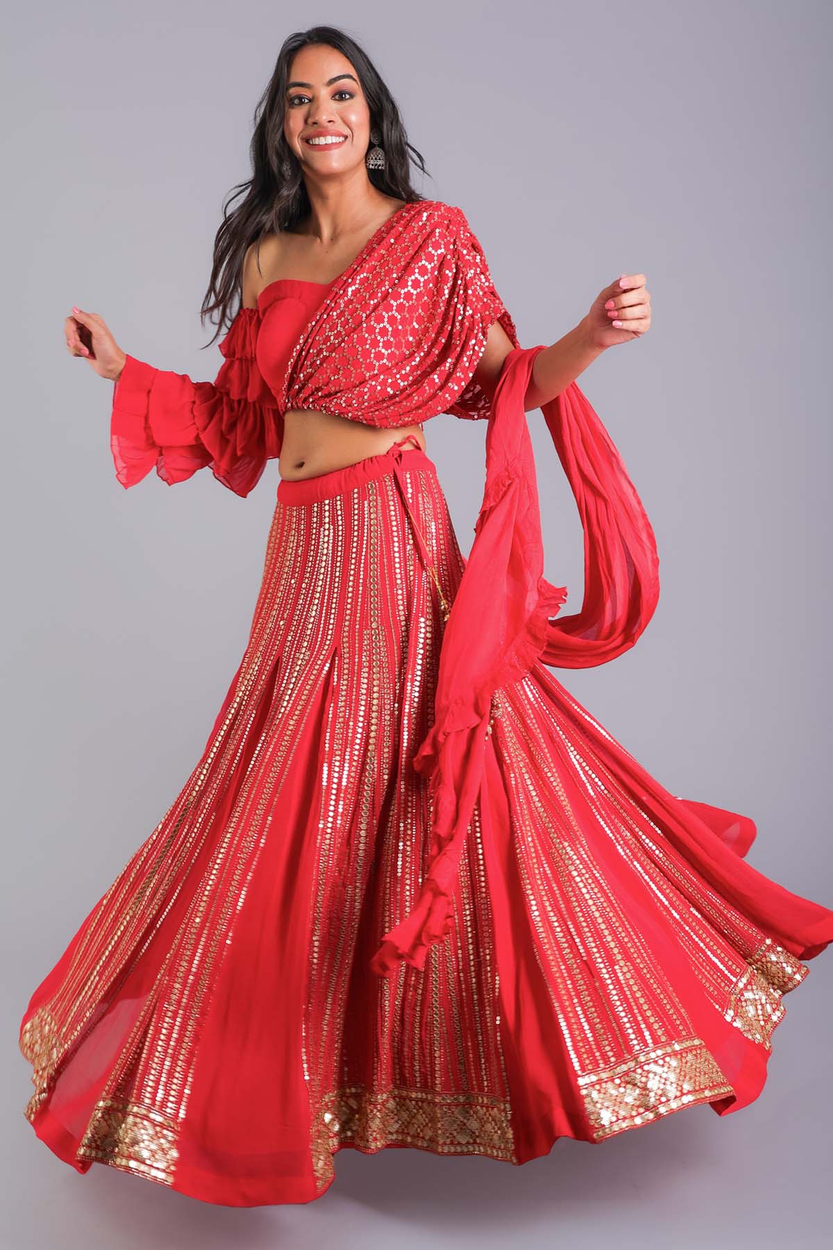Red Drape Sequence Lehenga Set