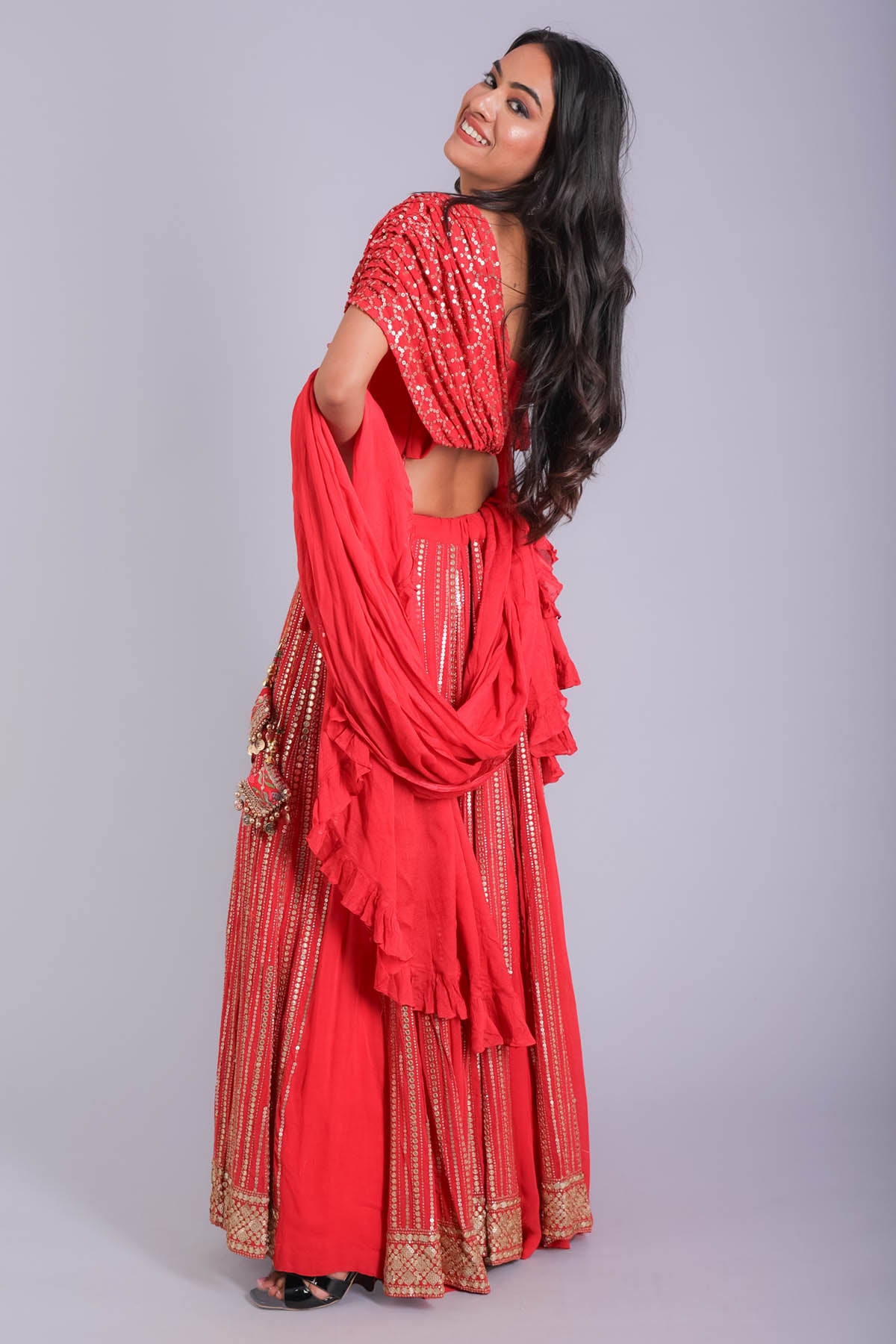Red Drape Sequence Lehenga Set