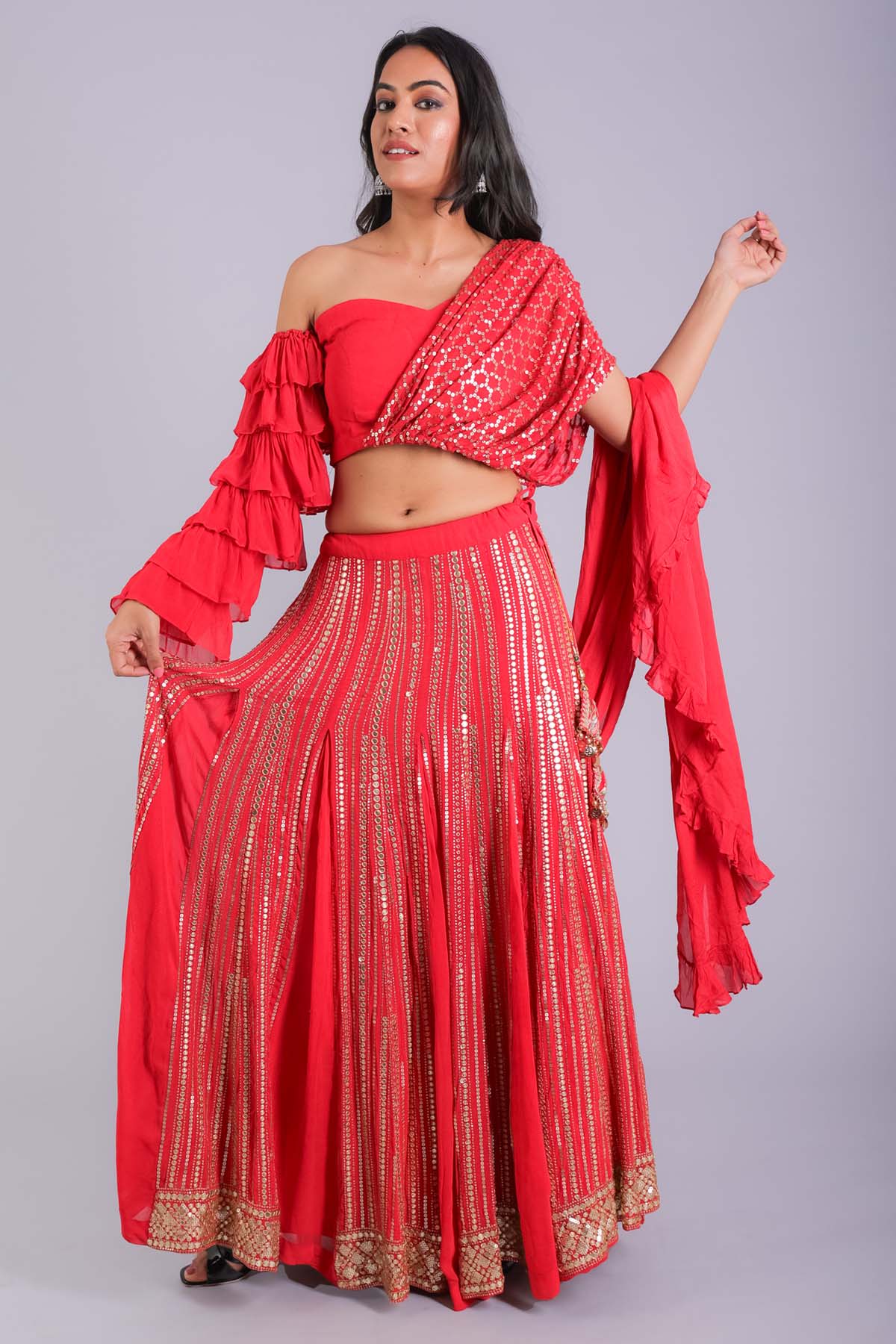 Red Drape Sequence Lehenga Set
