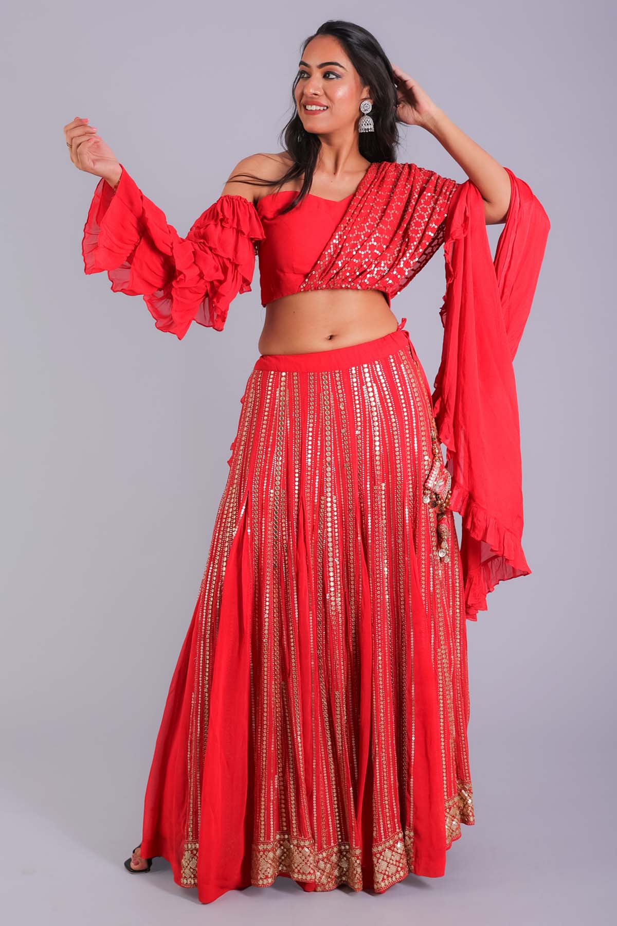 Red Drape Sequence Lehenga Set