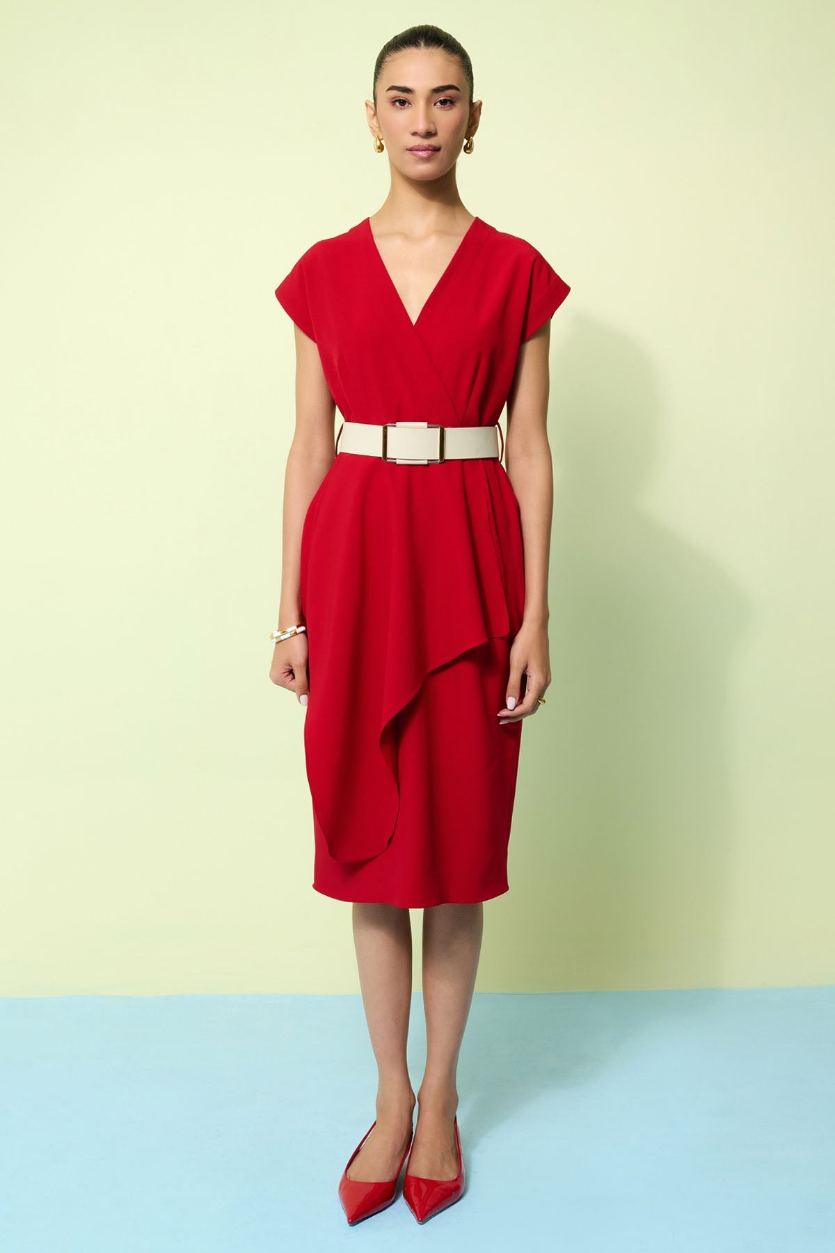 Vanten Red Draped V-Neck Midi Dress for women online at ScrollnShops