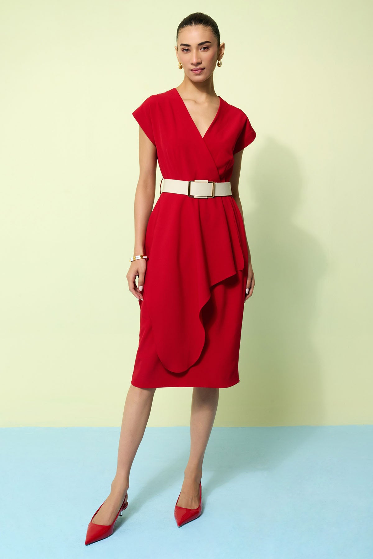 Red Draped V-Neck Midi Dress