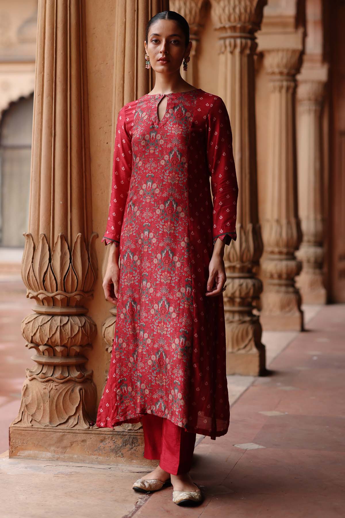 Megha Pitti Red Dupion Silk Print Kurta Set for women online at ScrollnShops