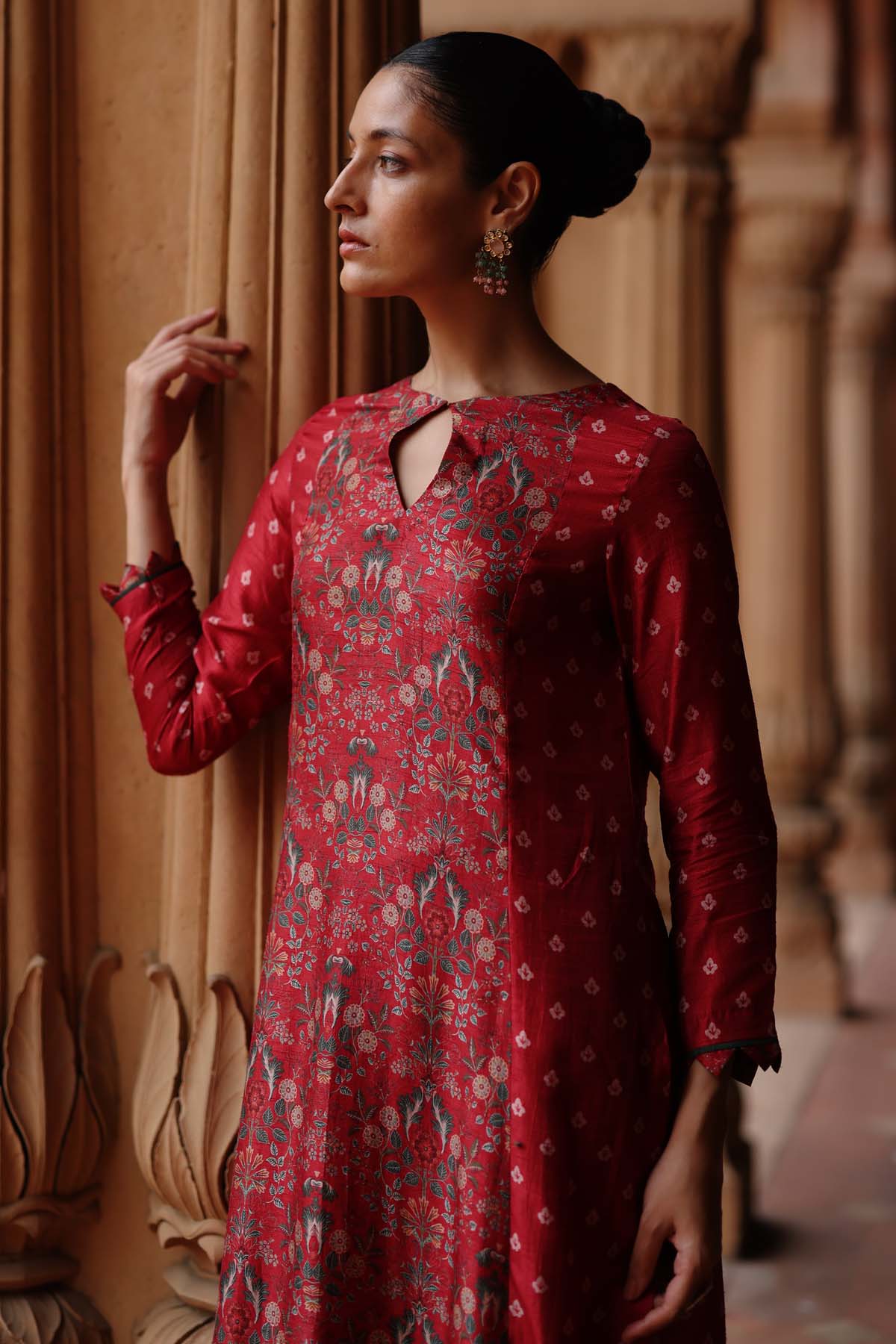 Red Dupion Silk Print Kurta Set