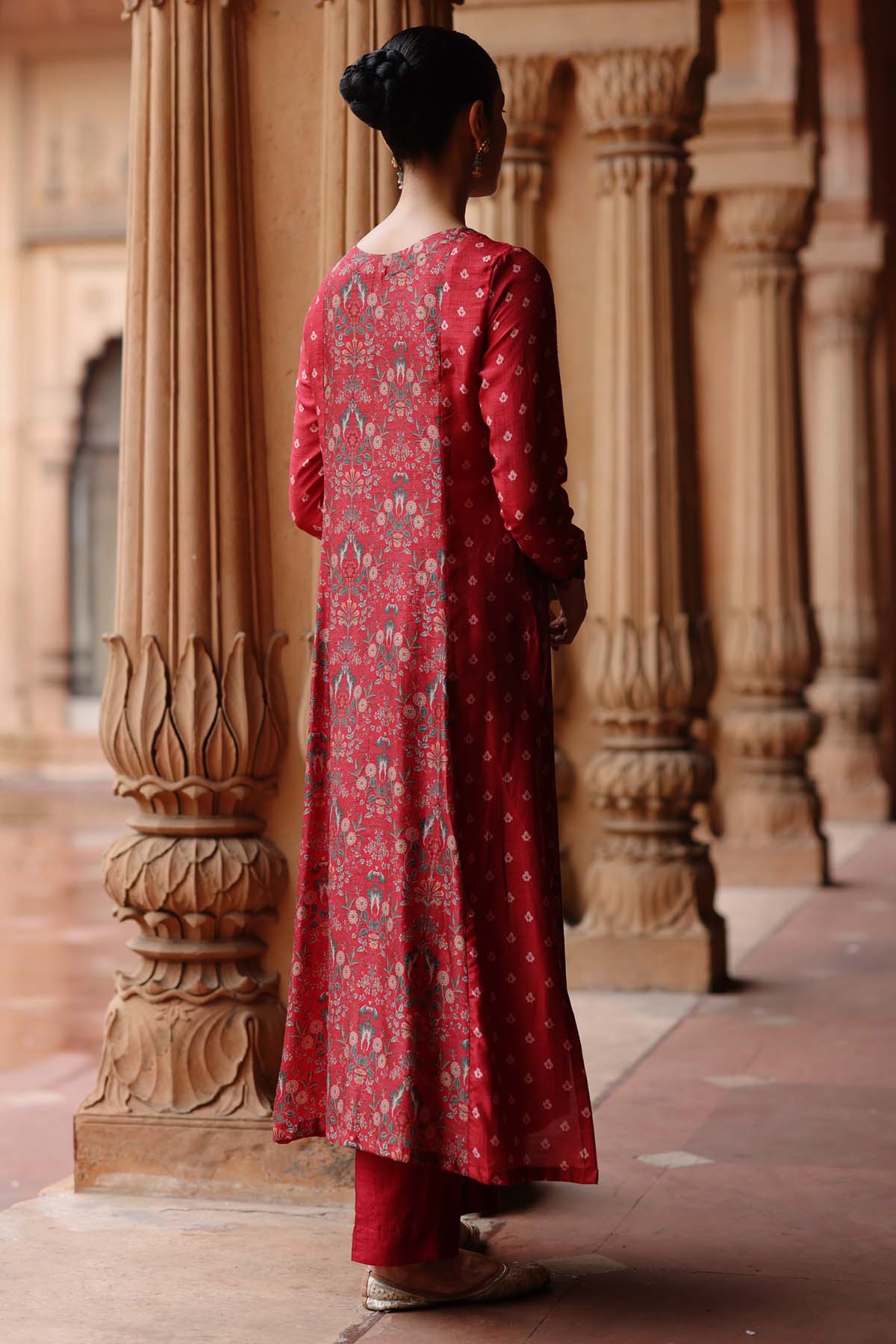 Red Dupion Silk Print Kurta Set