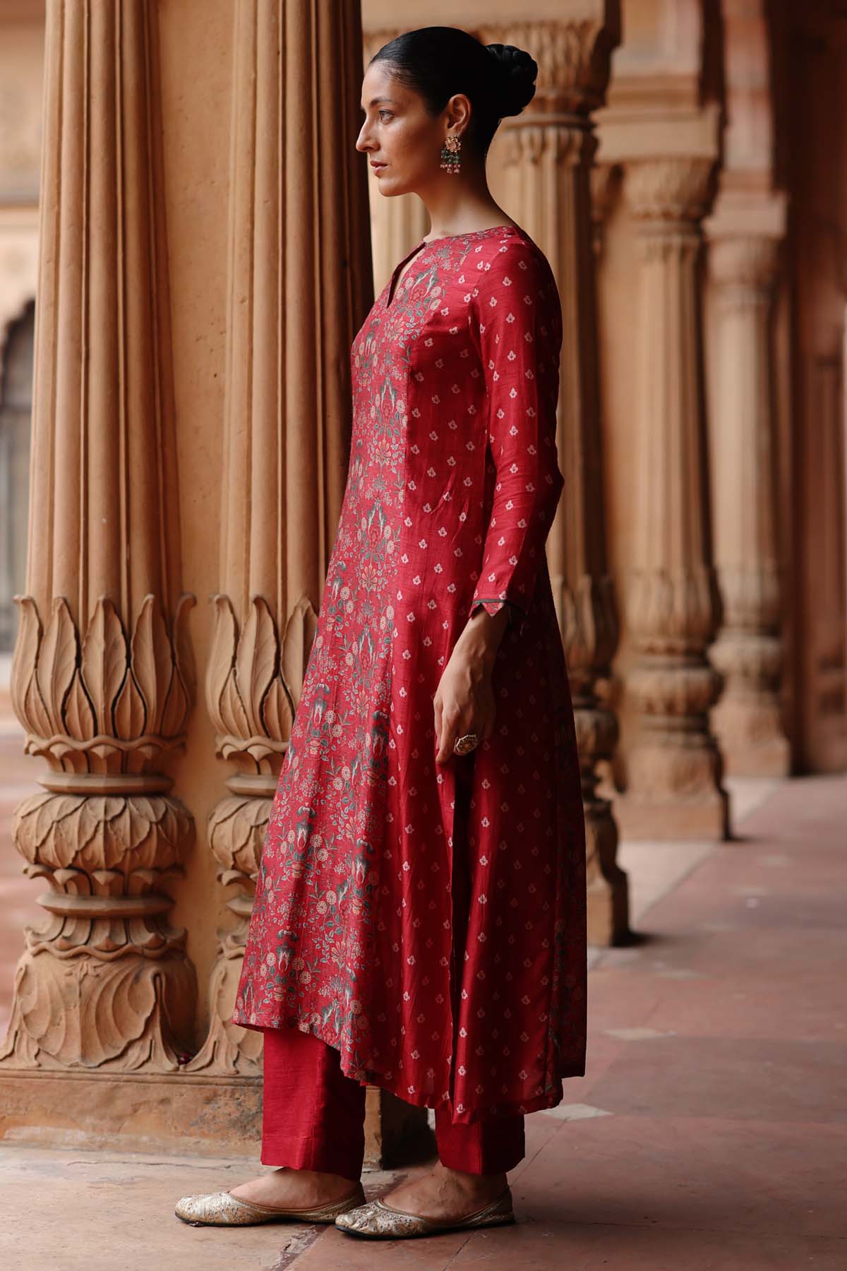 Red Dupion Silk Print Kurta Set