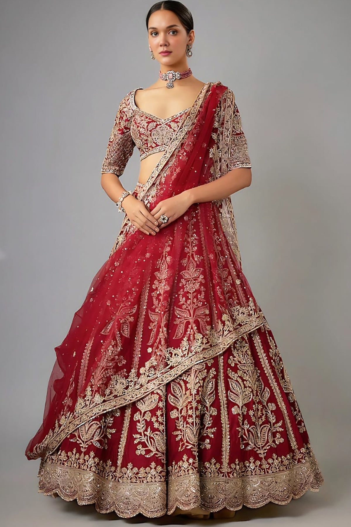 Buy Red Dupion Zardozi Lehenga Set by Shlok Design for women online at ScrollnShops