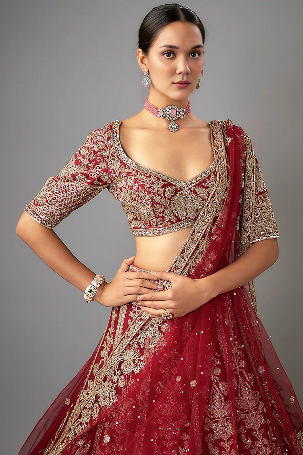Red Dupion Zardozi Lehenga Set
