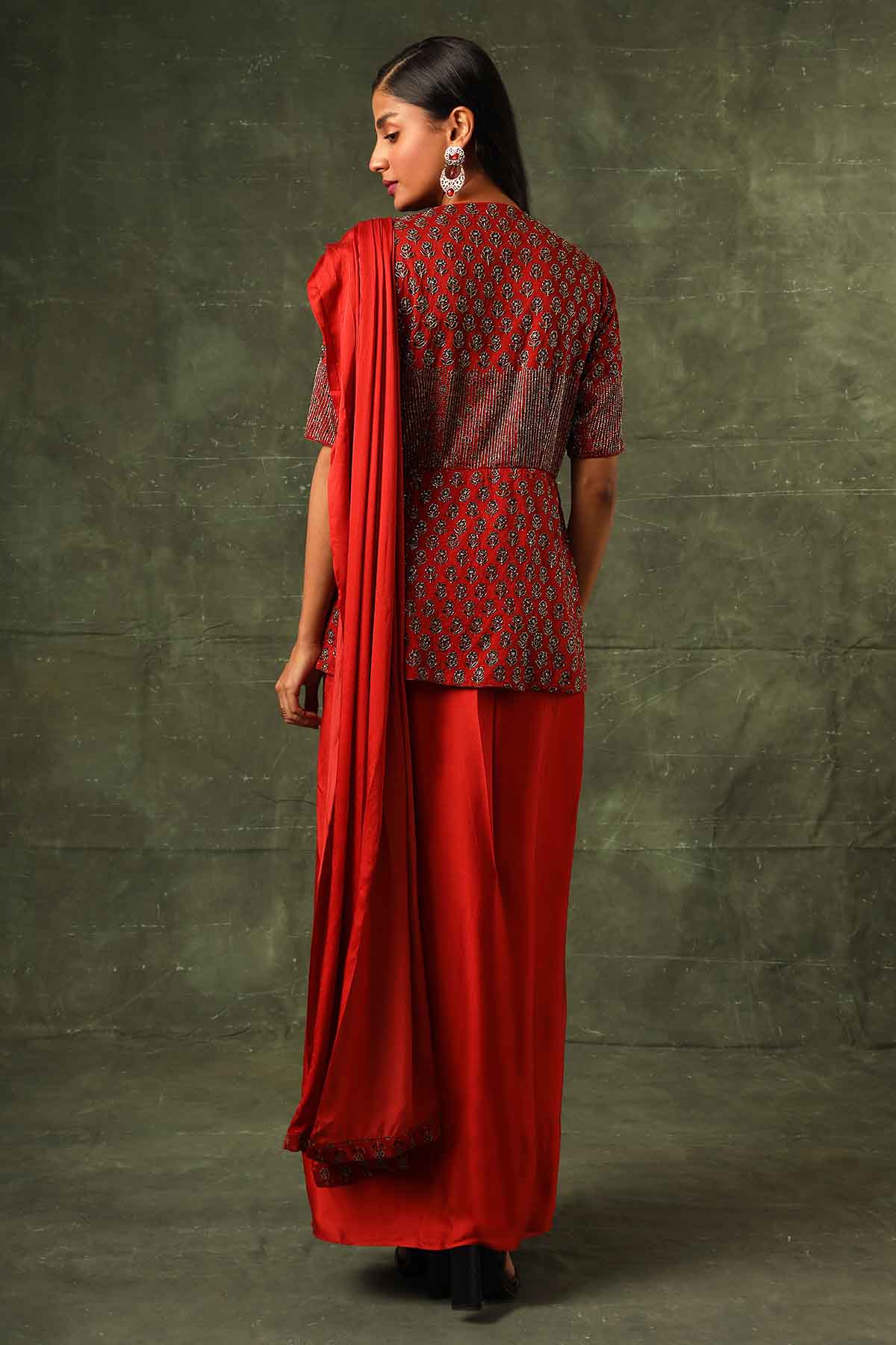 Red Embellished Drape Saree Gown