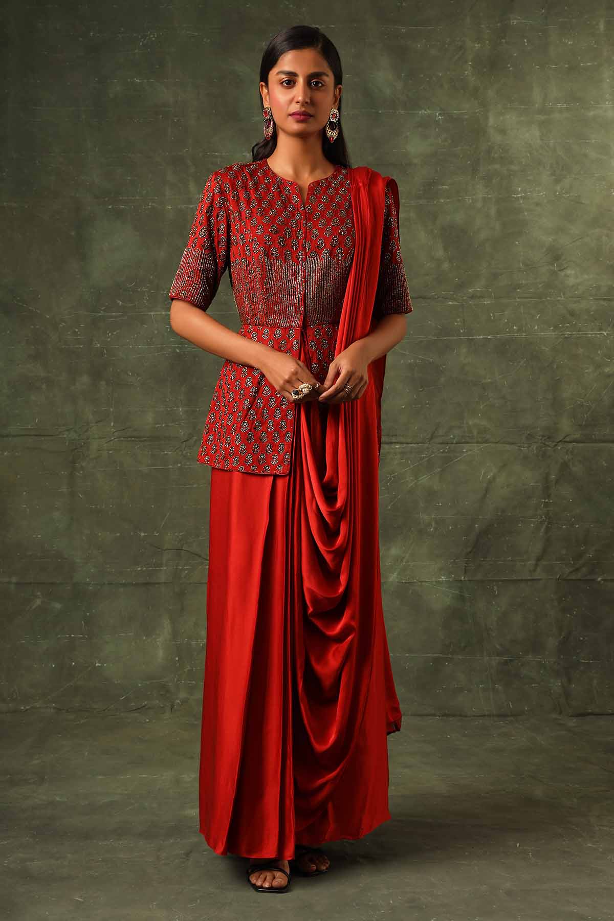 Red Embellished Drape Saree Gown