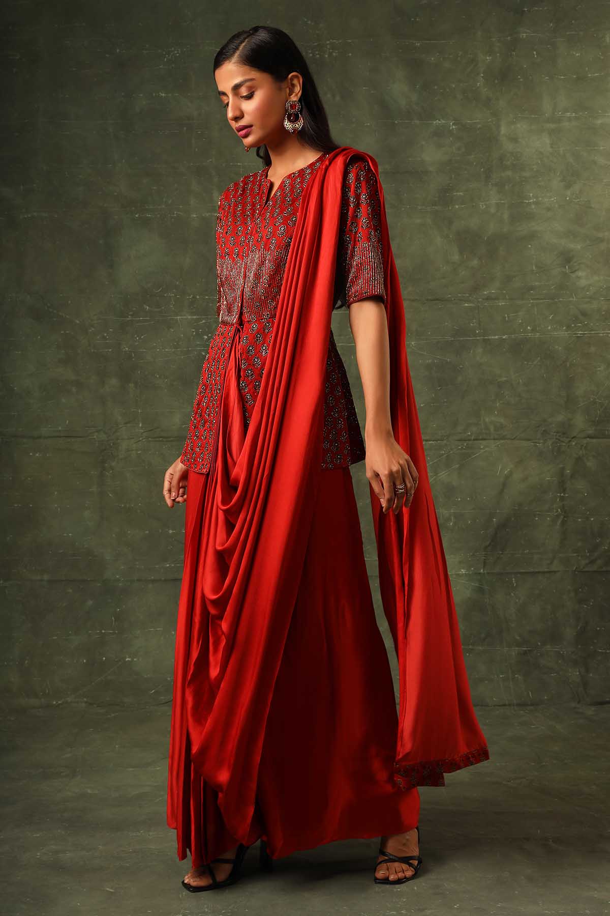 Red Embellished Drape Saree Gown