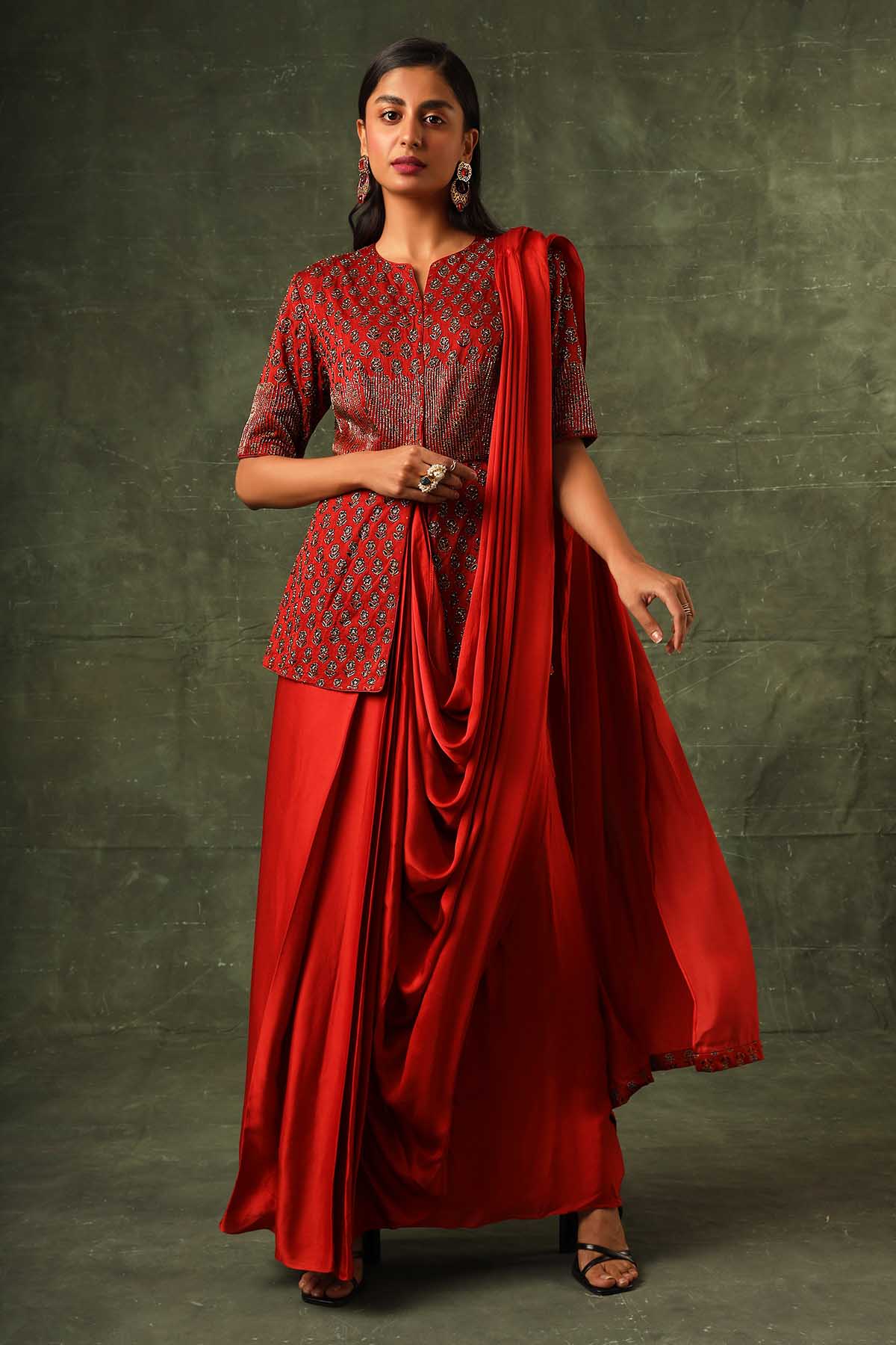 Sejal Kamdar Red Embellished Drape Saree Gown for women online at ScrollnShops