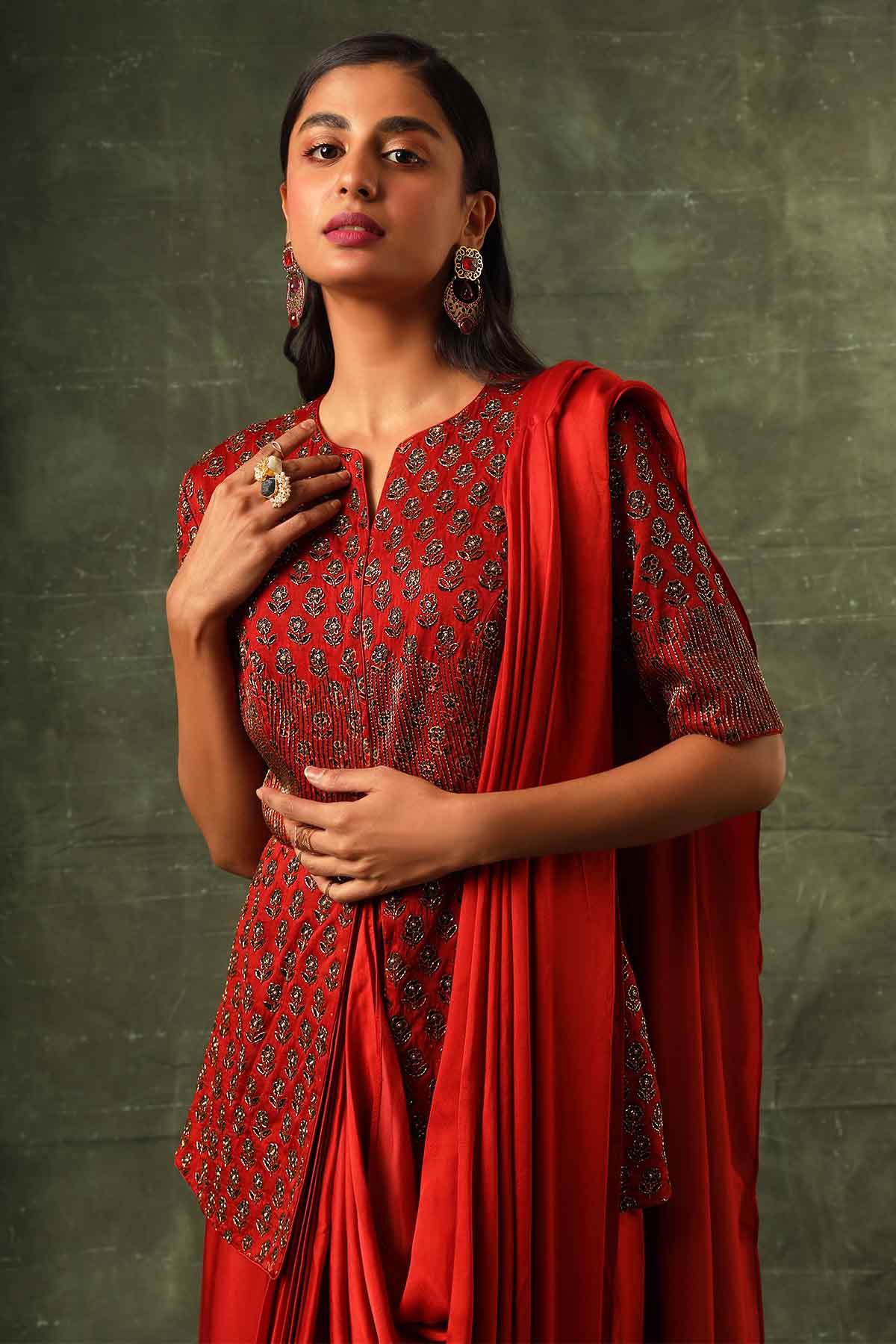 Red Embellished Drape Saree Gown