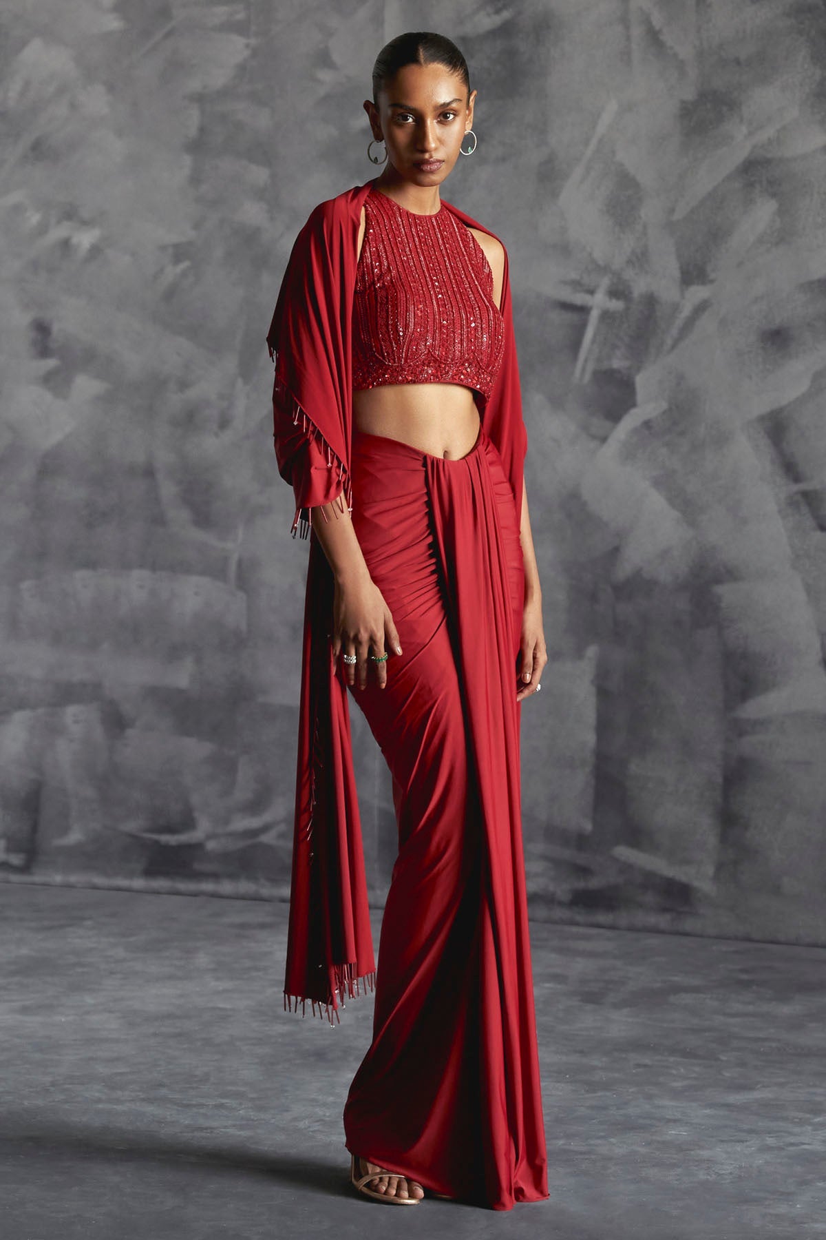 Manika Nanda Red Embellished Drape Skirt Set for women online at ScrollnShops