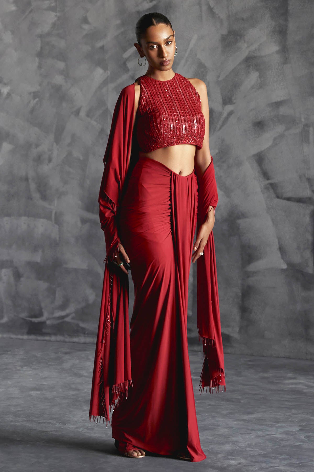 Red Embellished Drape Skirt Set