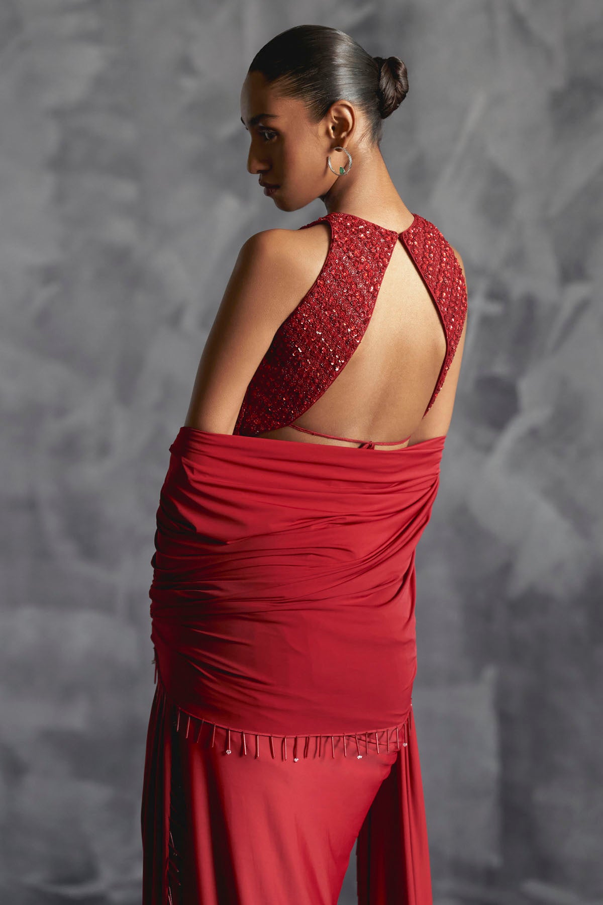 Red Embellished Drape Skirt Set