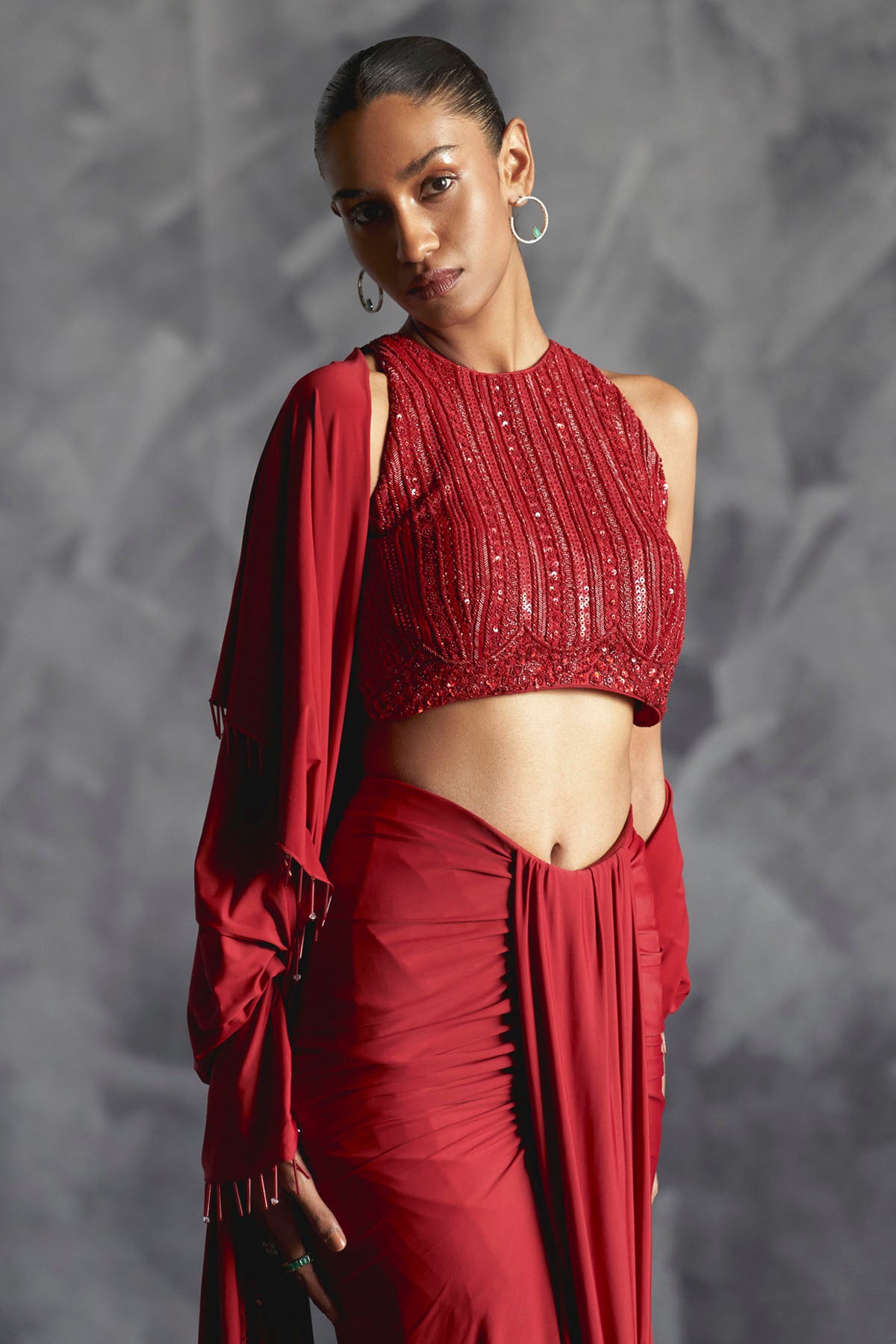 Red Embellished Drape Skirt Set