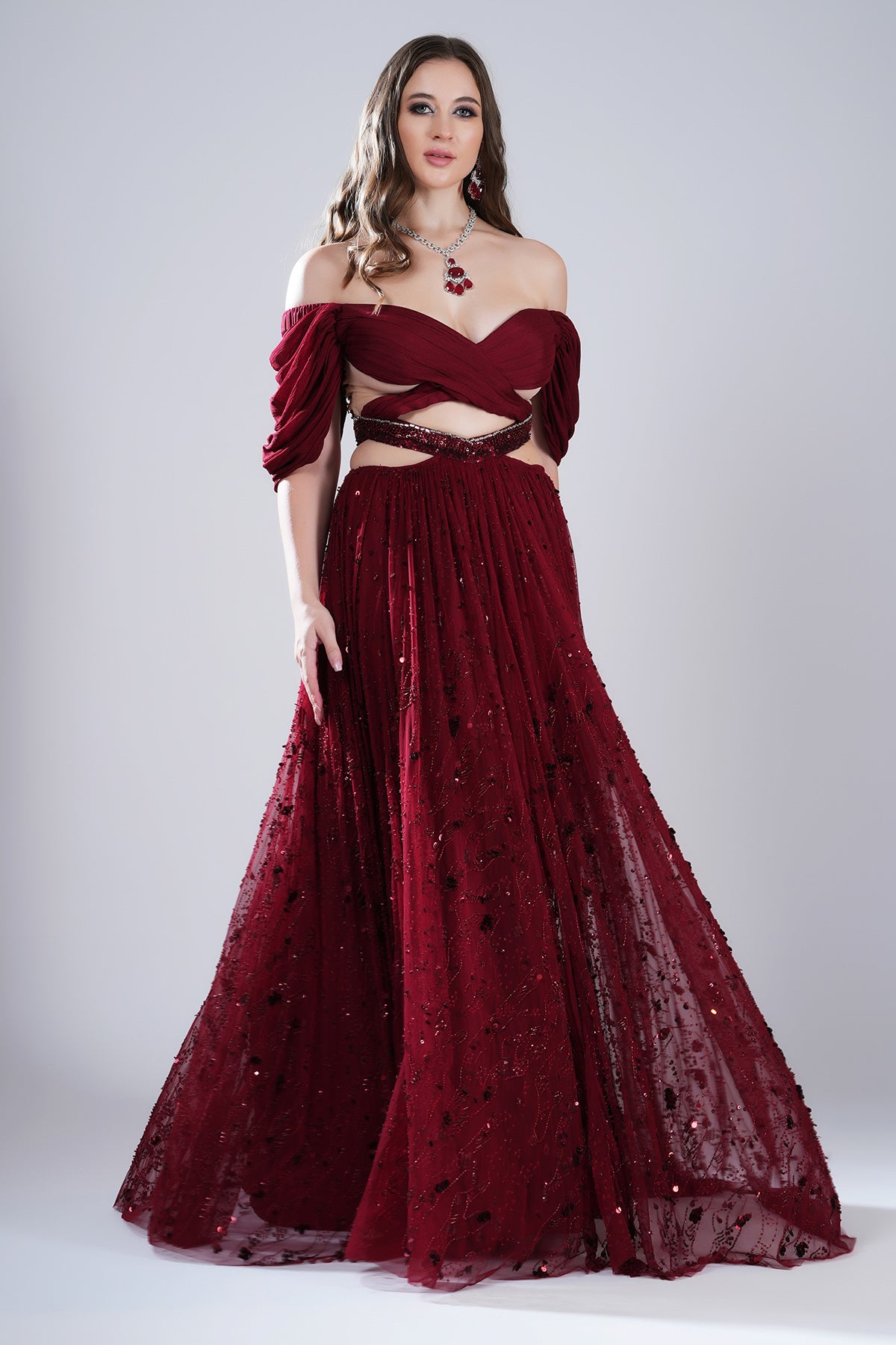 Red Embellished Pleated Gown