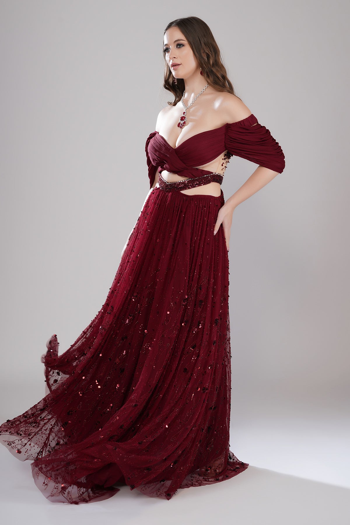 Red Embellished Pleated Gown