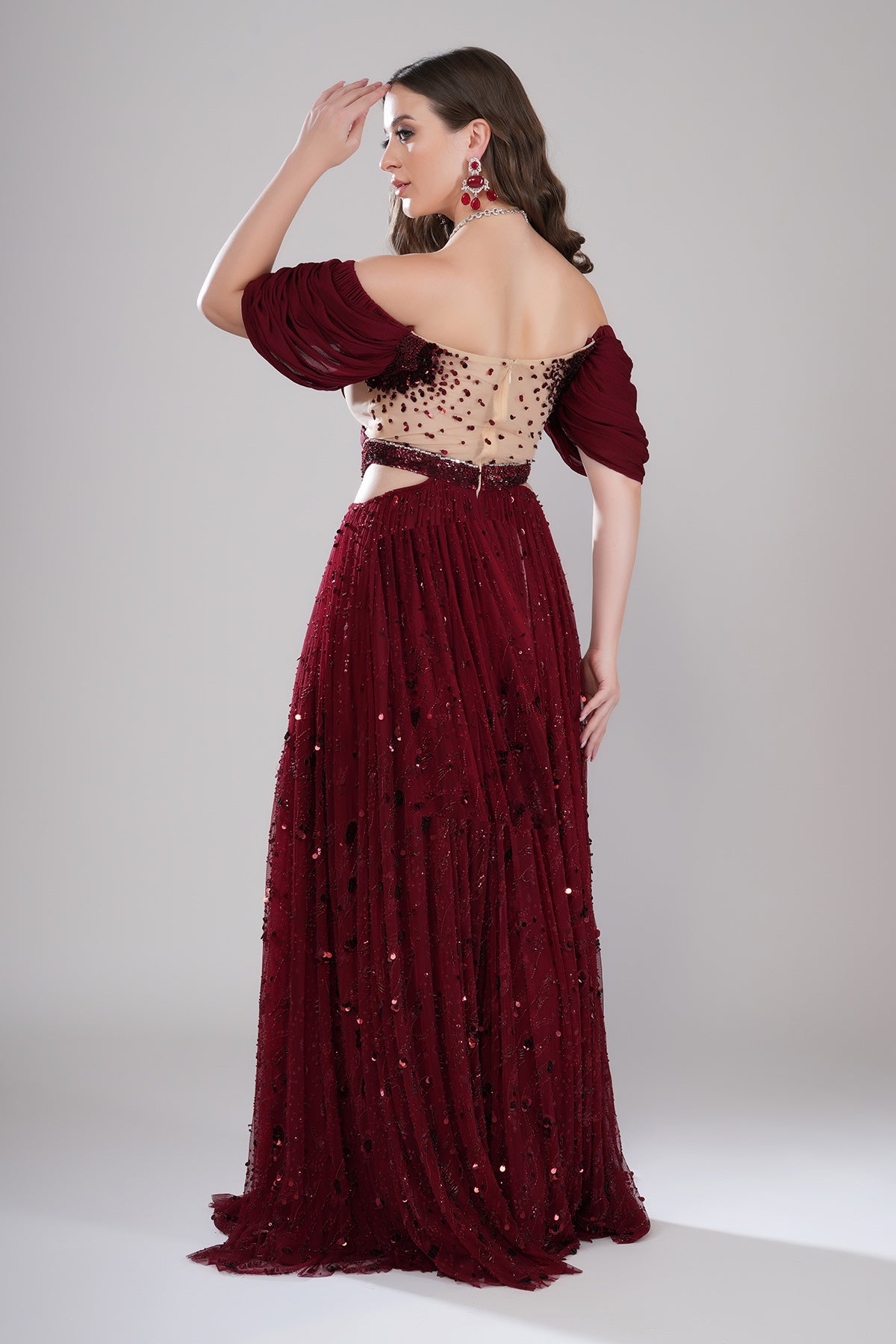 Red Embellished Pleated Gown