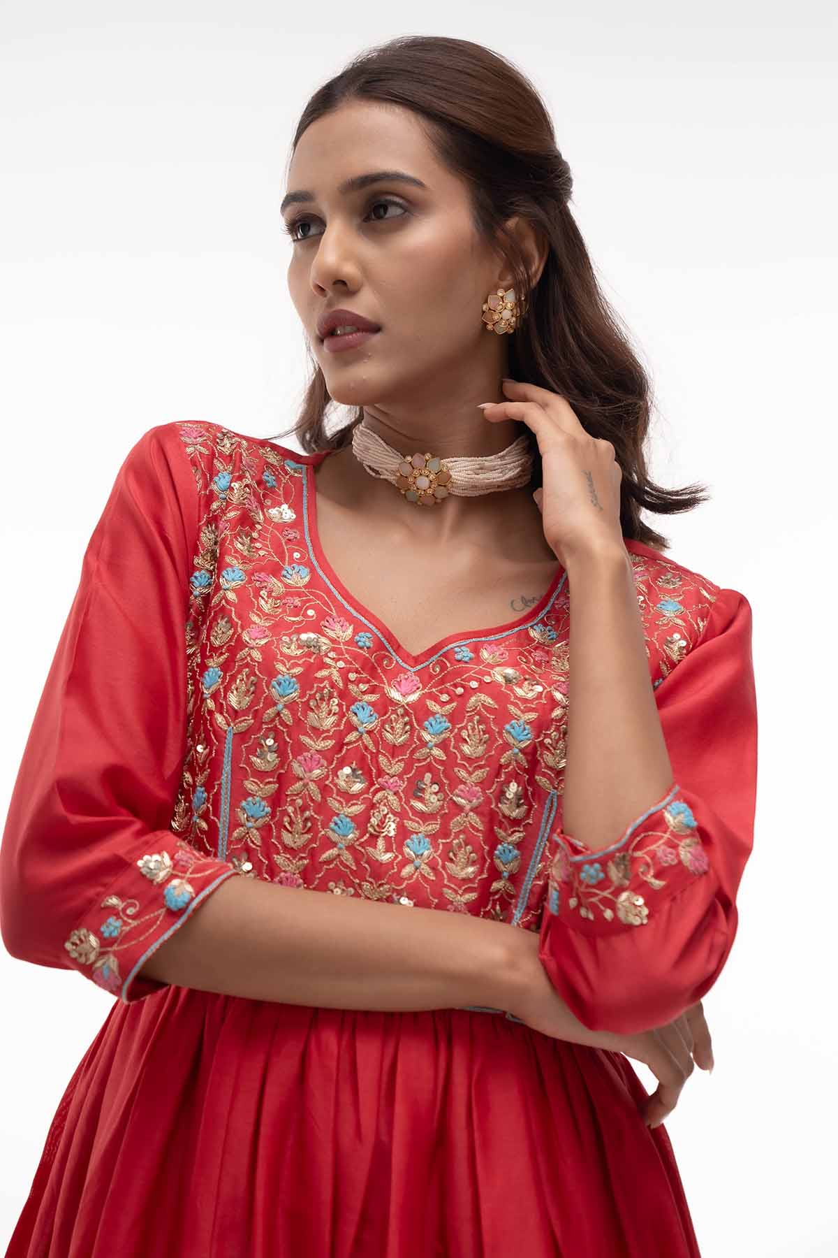 Red Embroidered A-Line Kurta Set