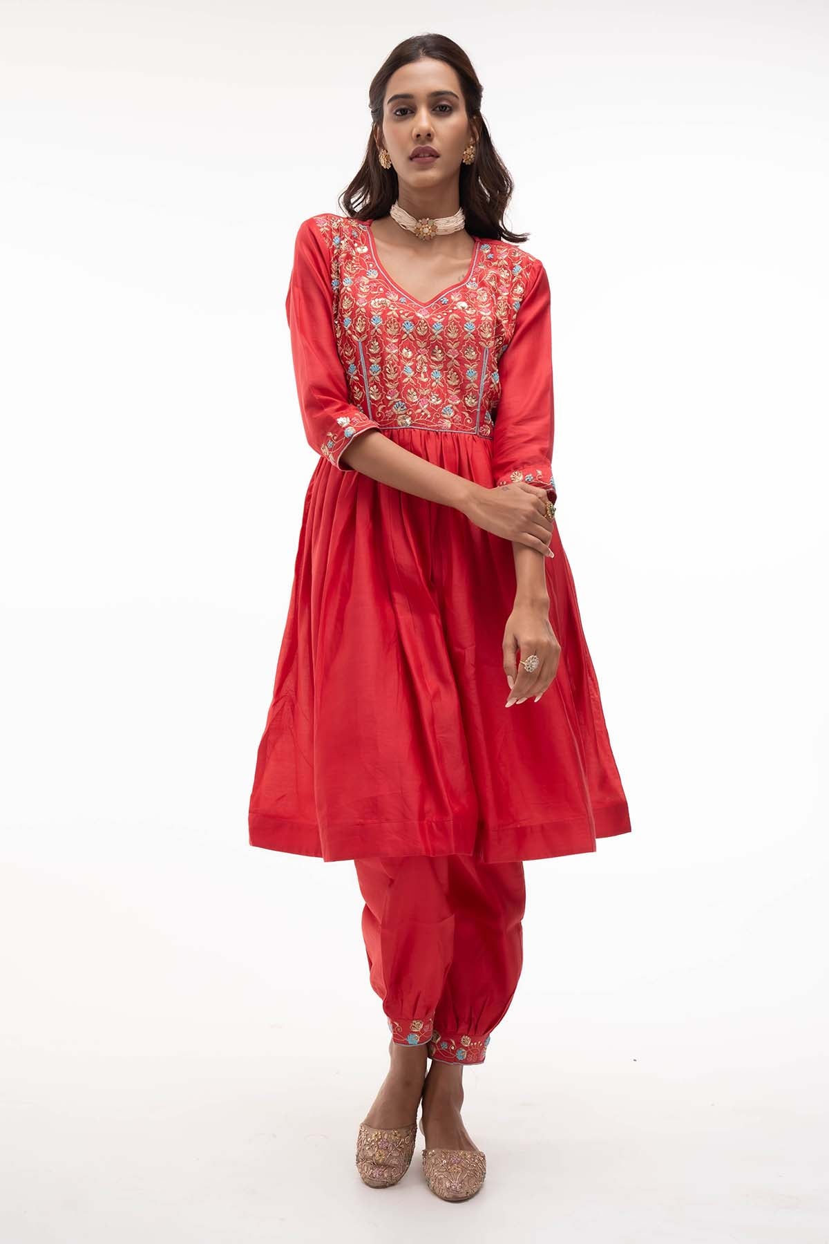 Red Embroidered A-Line Kurta Set