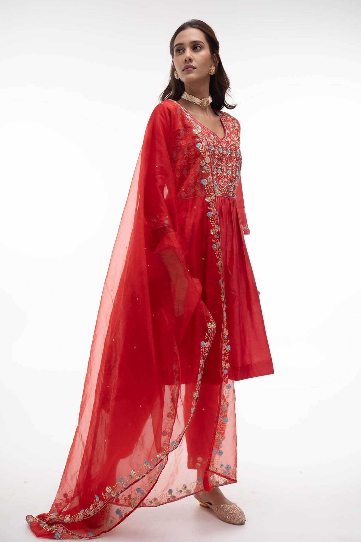 Red Embroidered A-Line Kurta Set