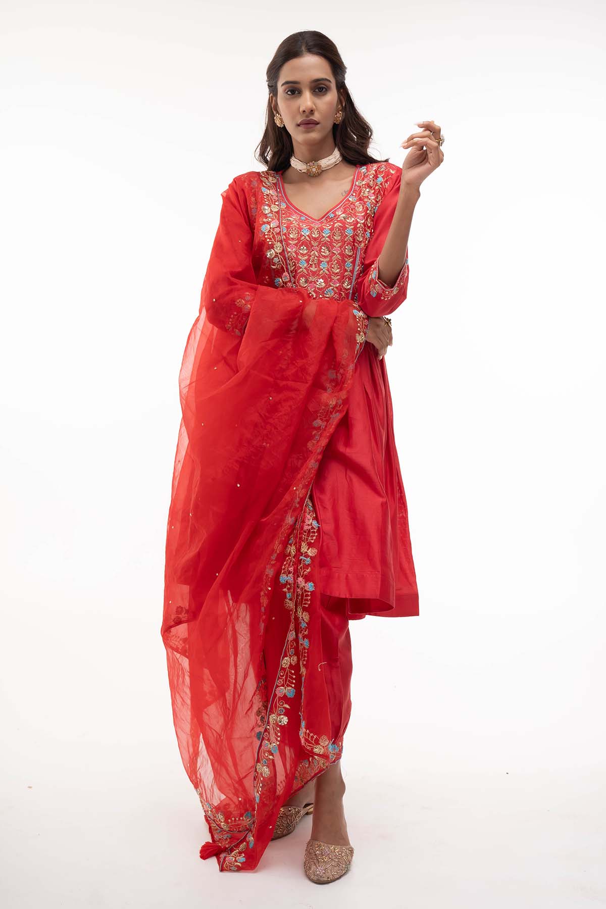 Buy Red Embroidered A-Line Kurta Set by Aavya for women online at ScrollnShops