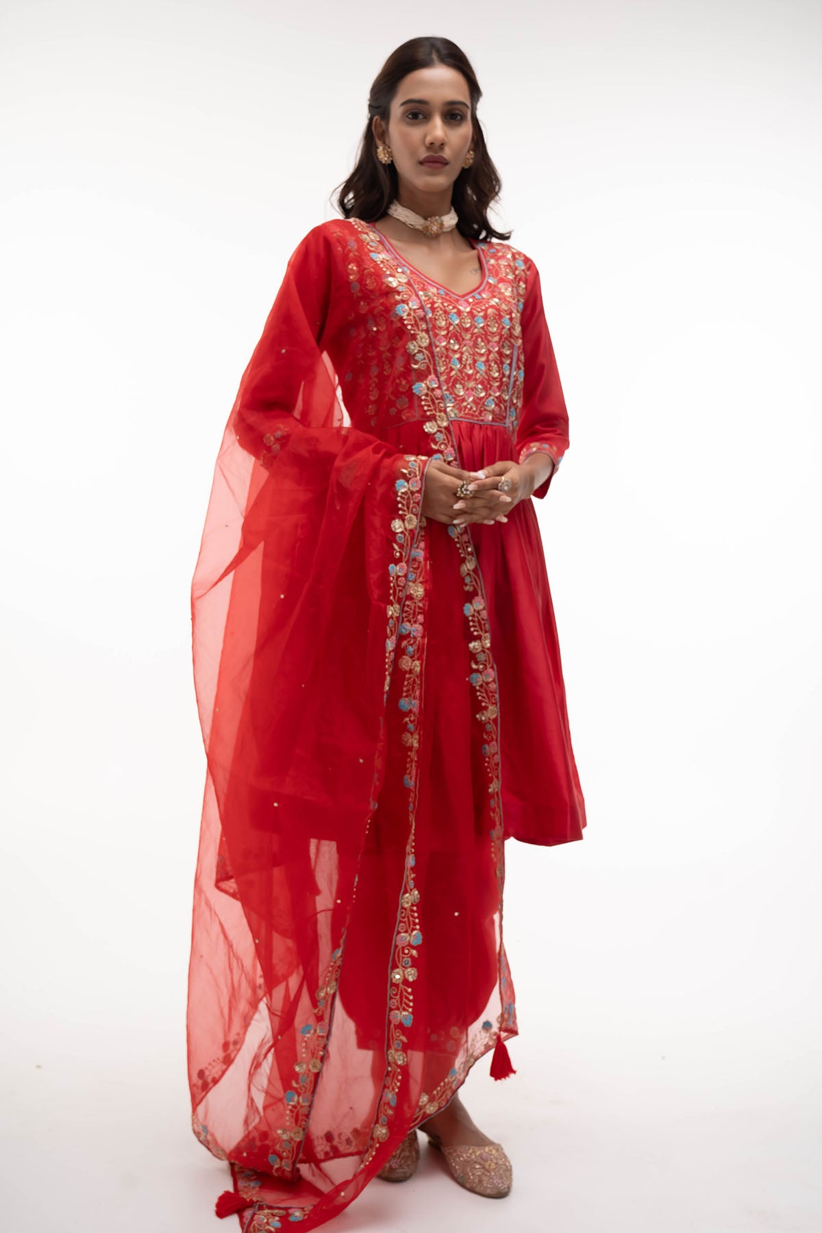 Red Embroidered A-Line Kurta Set