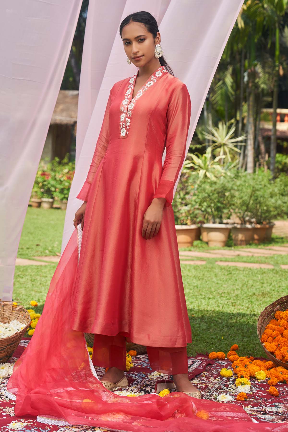 Red Embroidered Anarkali Set