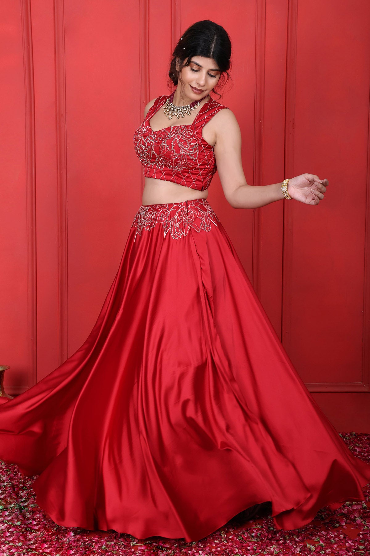 Red Embroidered Blouse & Lehenga