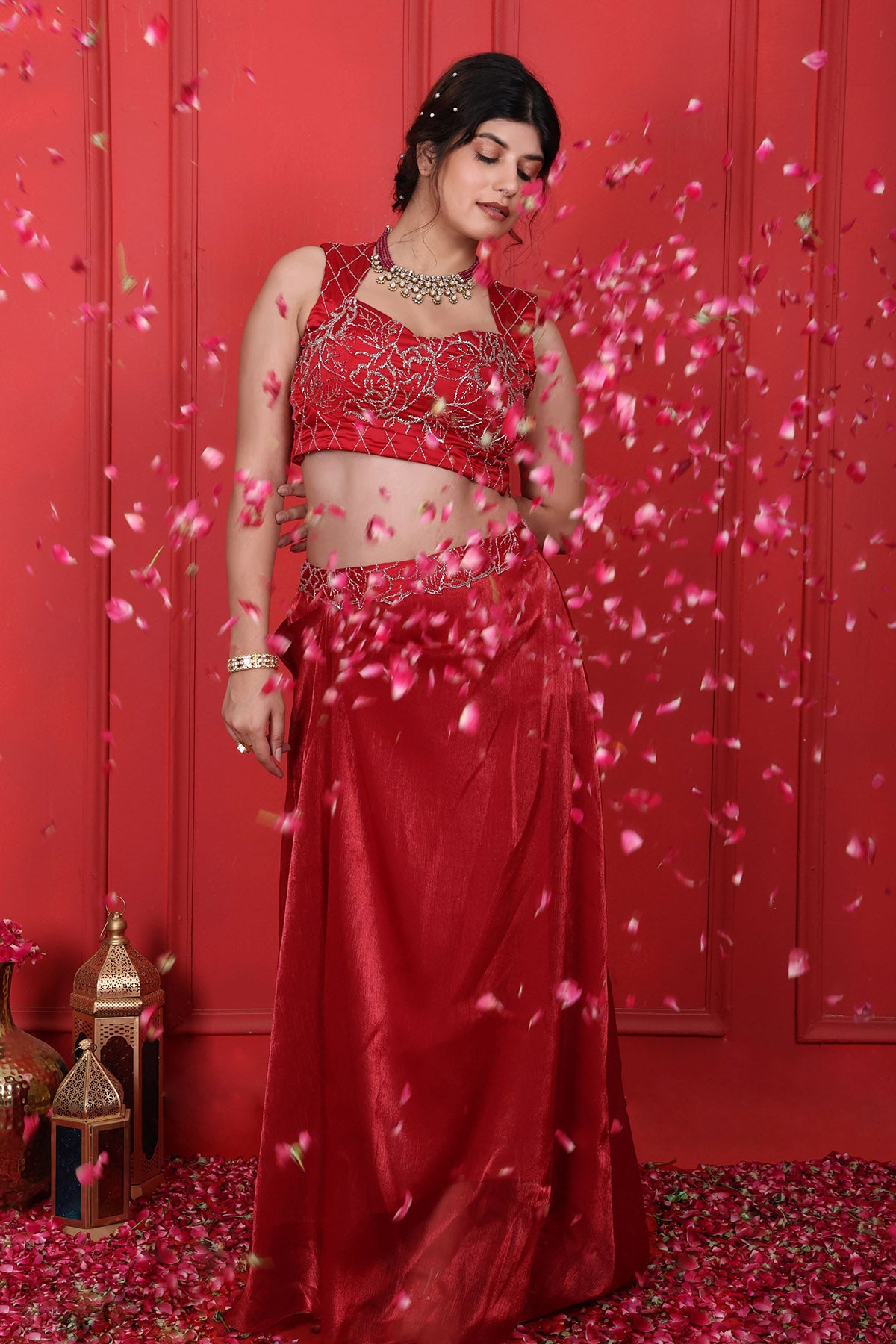 Red Embroidered Blouse & Skirt