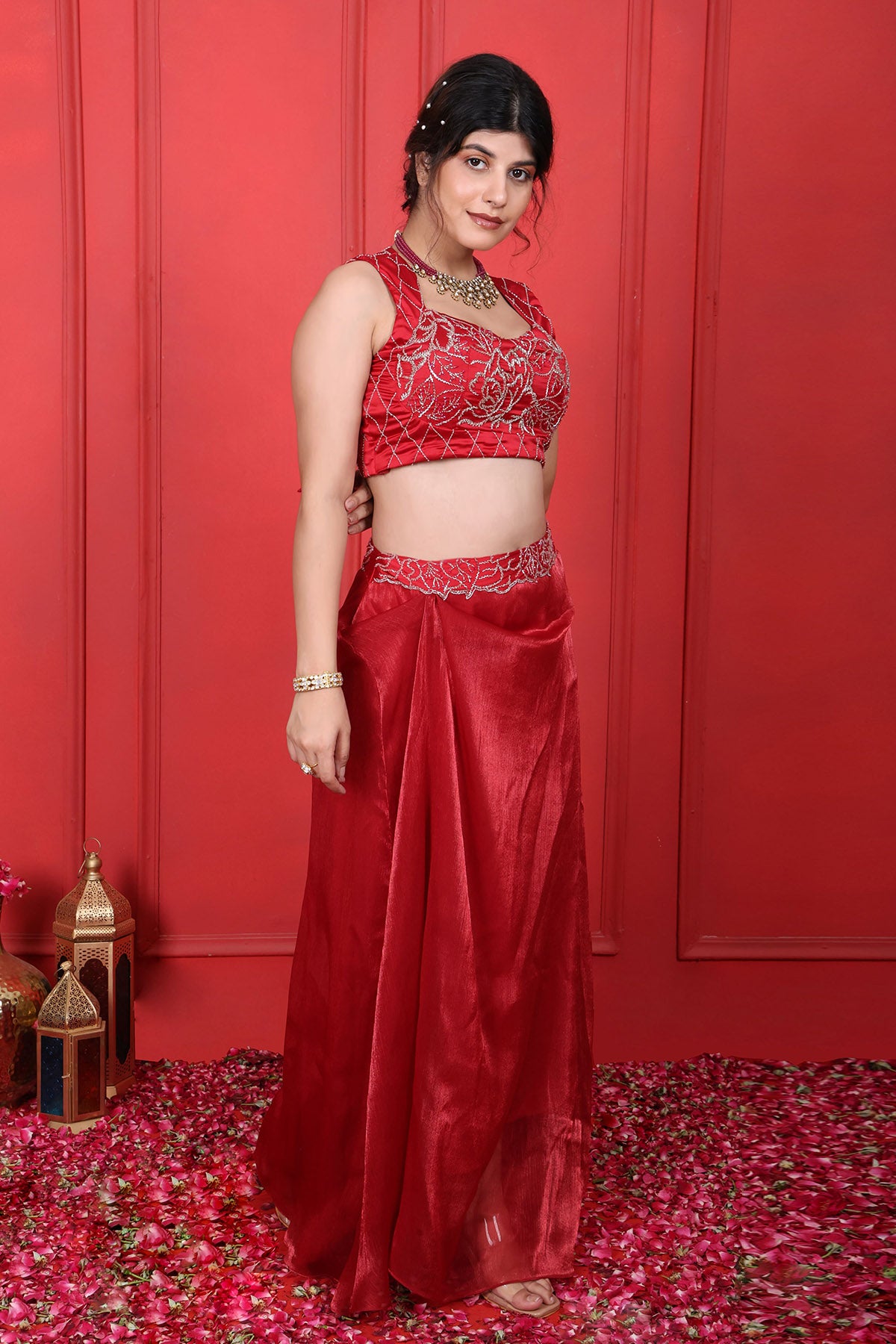 Red Embroidered Blouse & Skirt