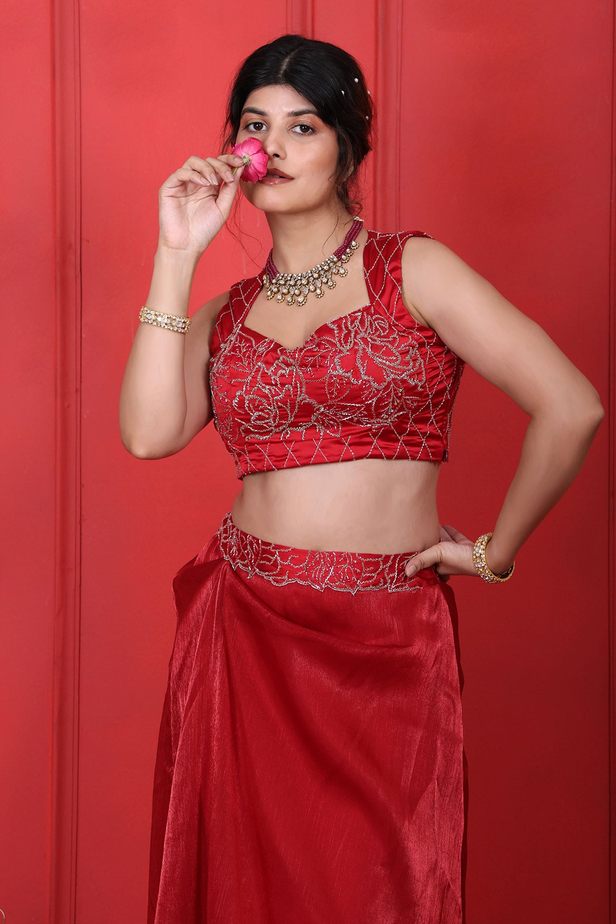 Red Embroidered Blouse & Skirt