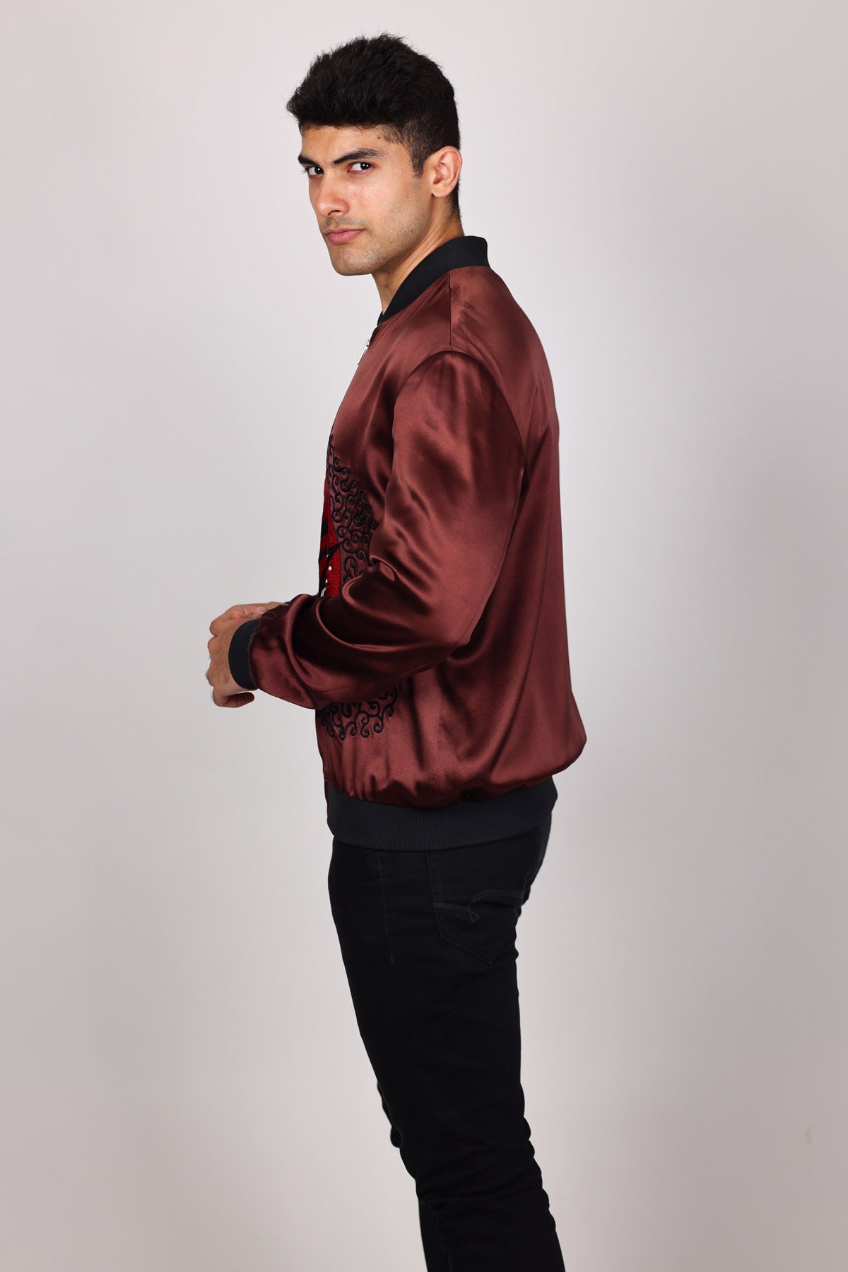 Red Embroidered Bomber Jacket