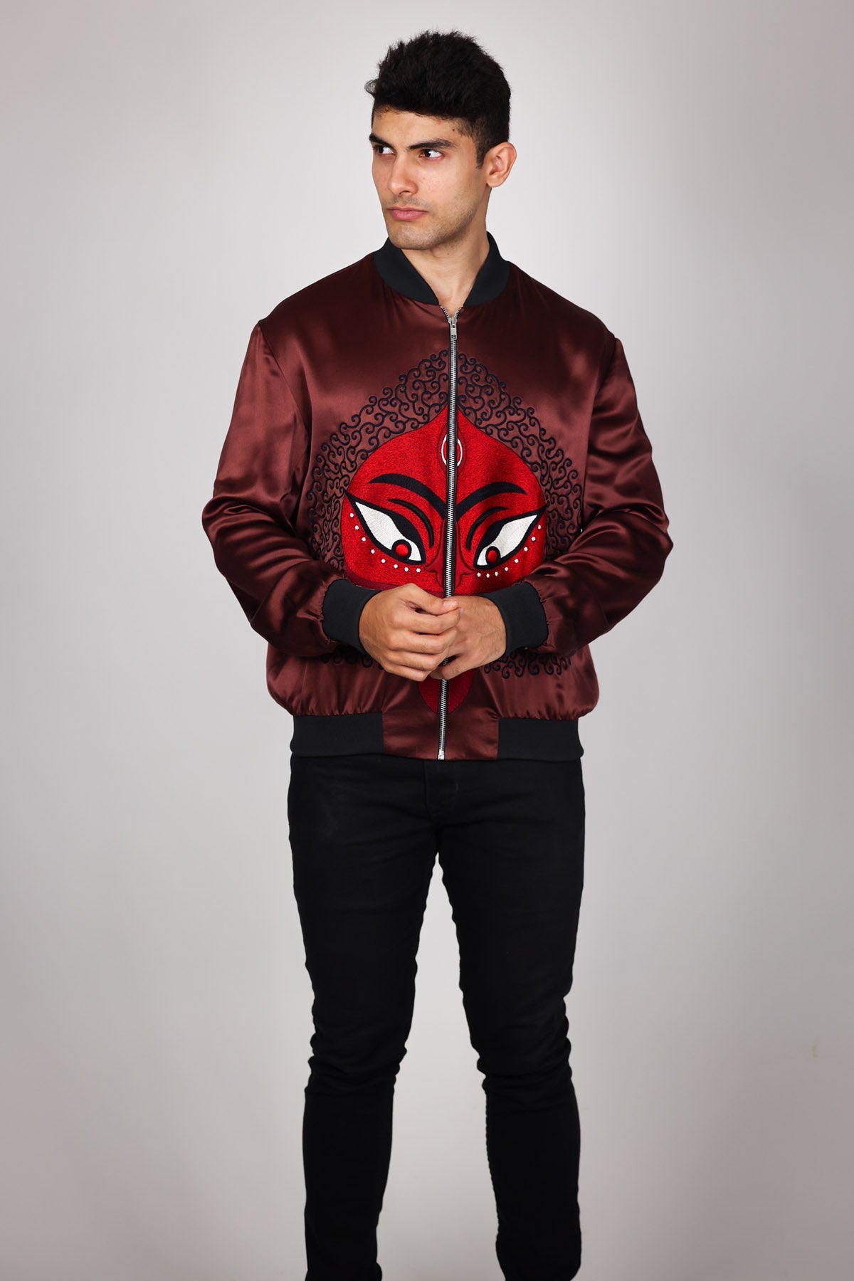 Arya Giri Red Embroidered Bomber Jacket for men online at ScrollnShops