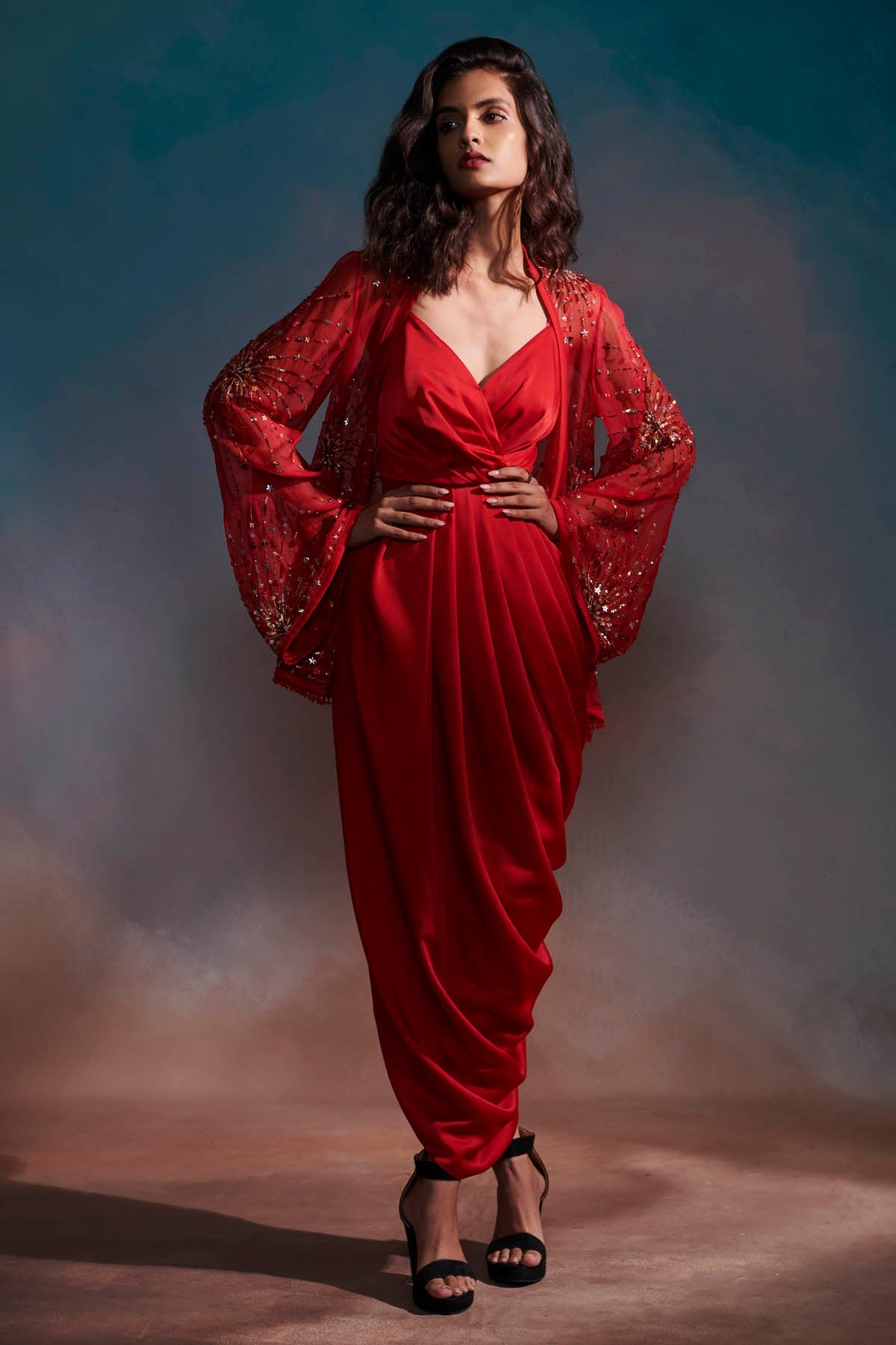 Anjali Kanwar Red Embroidered Cape & Dress for women online at ScrollnShops