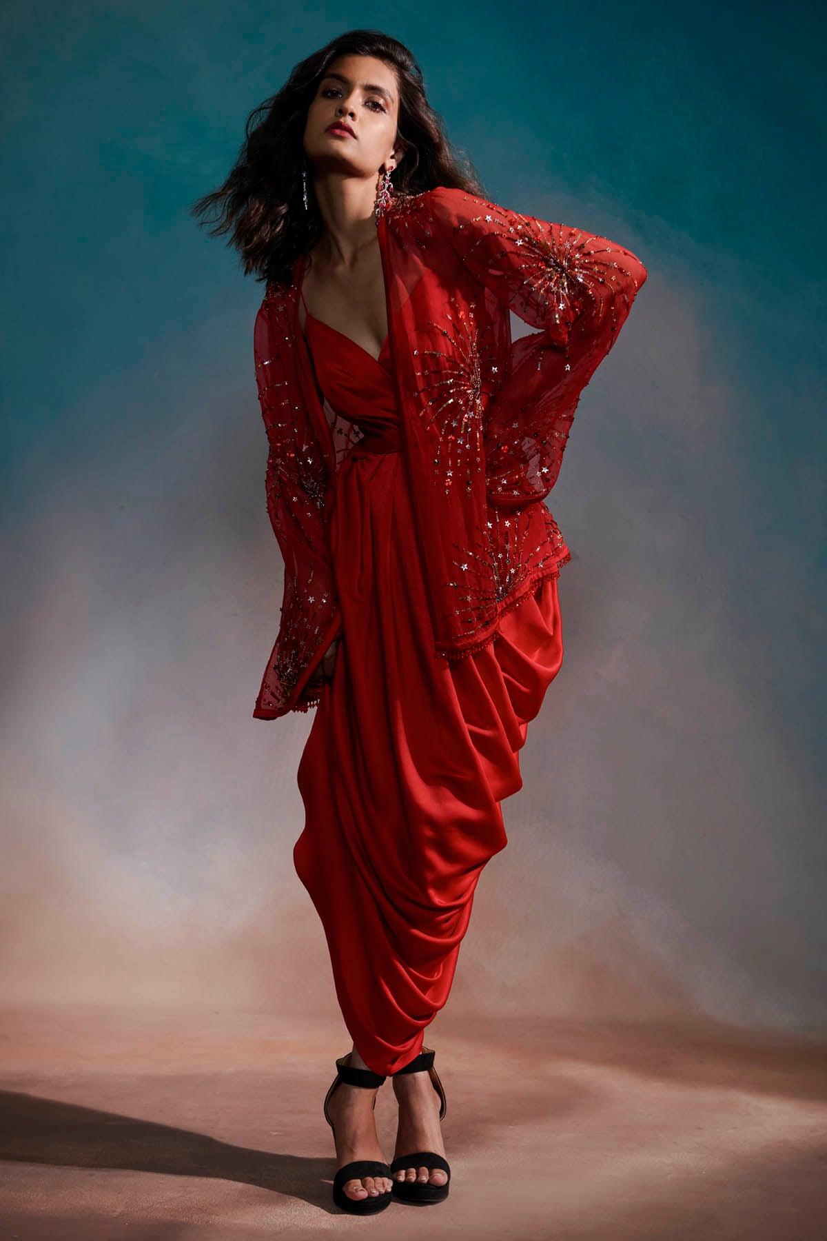 Red Embroidered Cape & Dress