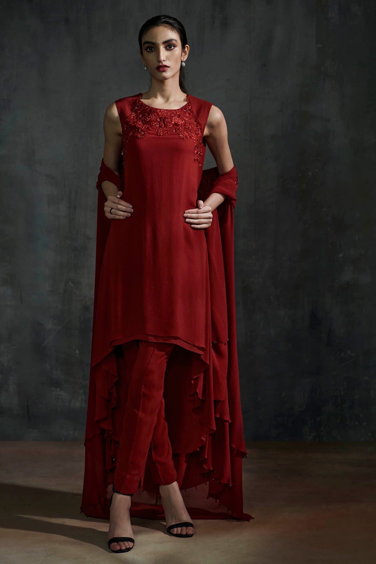 Anjali Kanwar Red Embroidered Cape & Kurta Set for women online at ScrollnShops