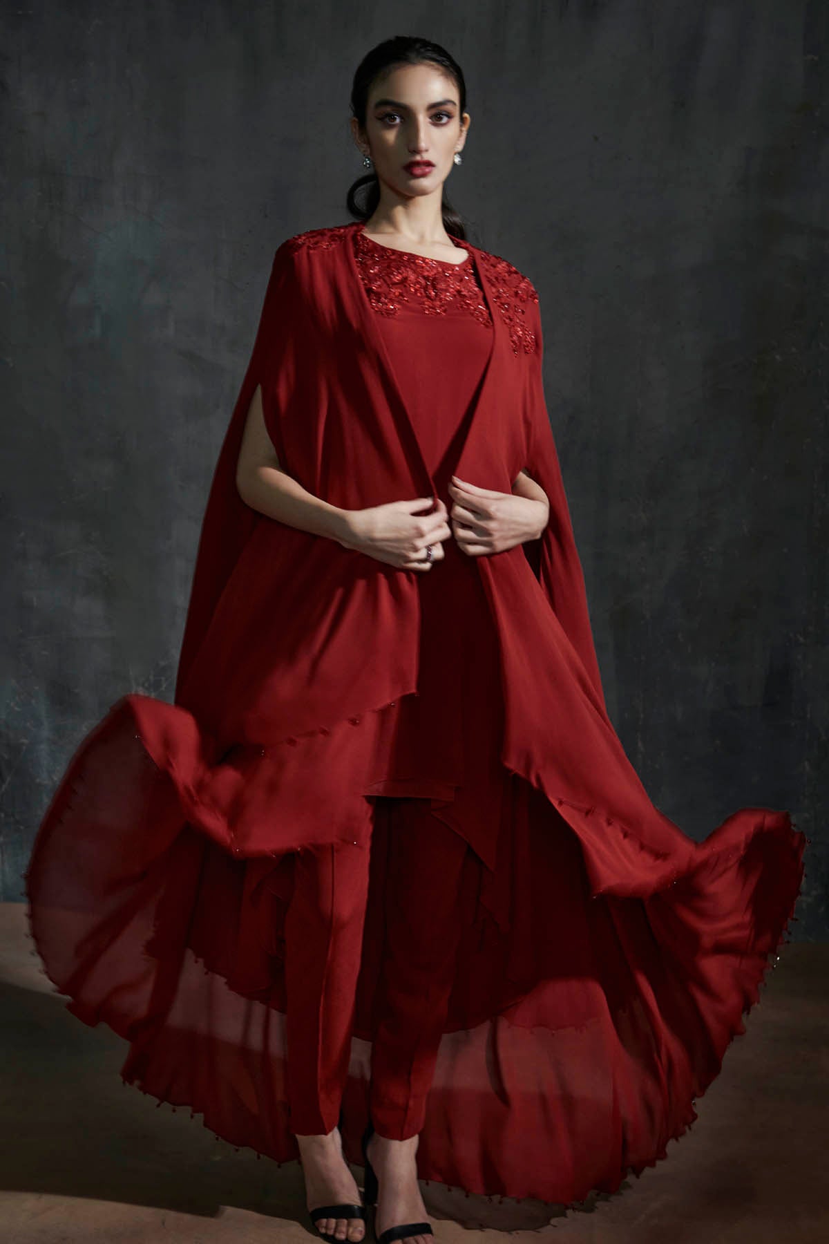 Red Embroidered Cape & Kurta Set