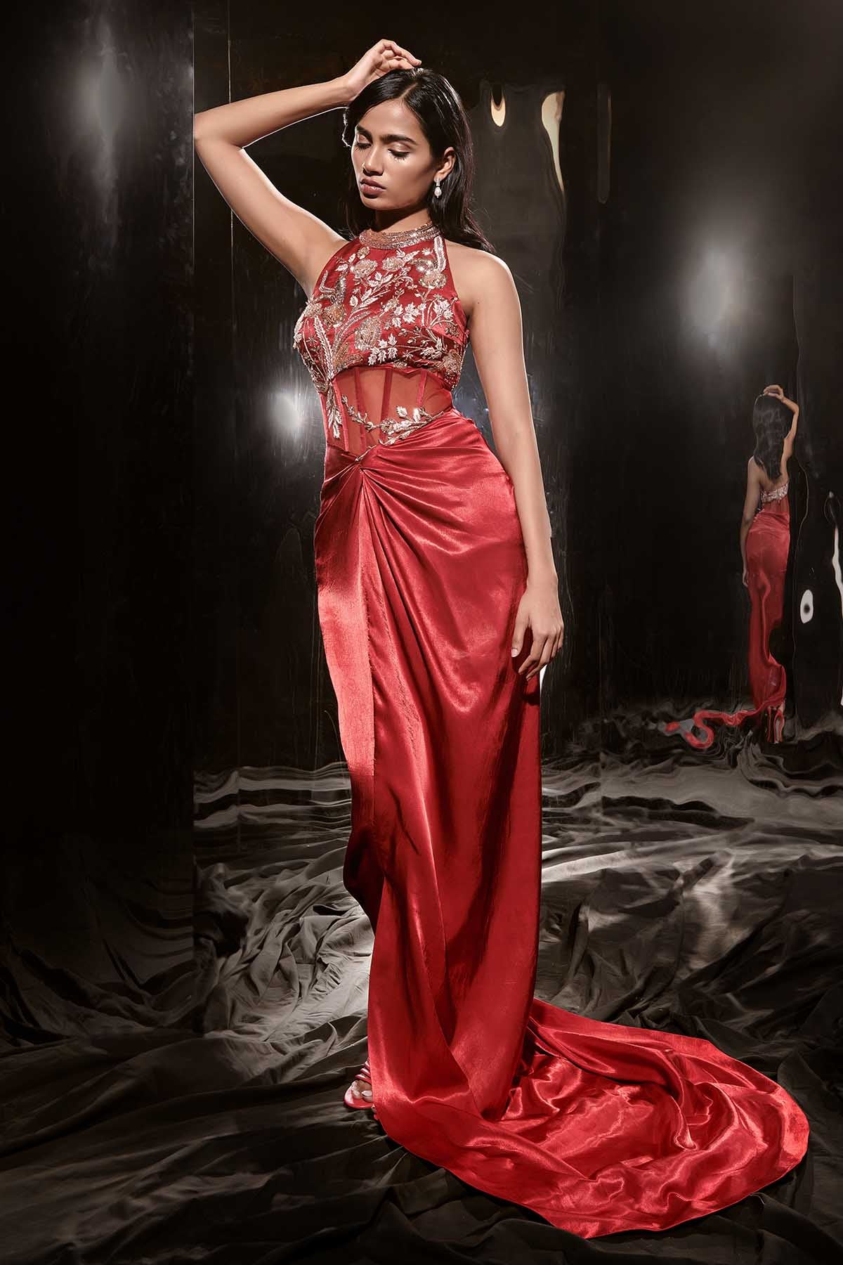 Red Embroidered Corset Dress