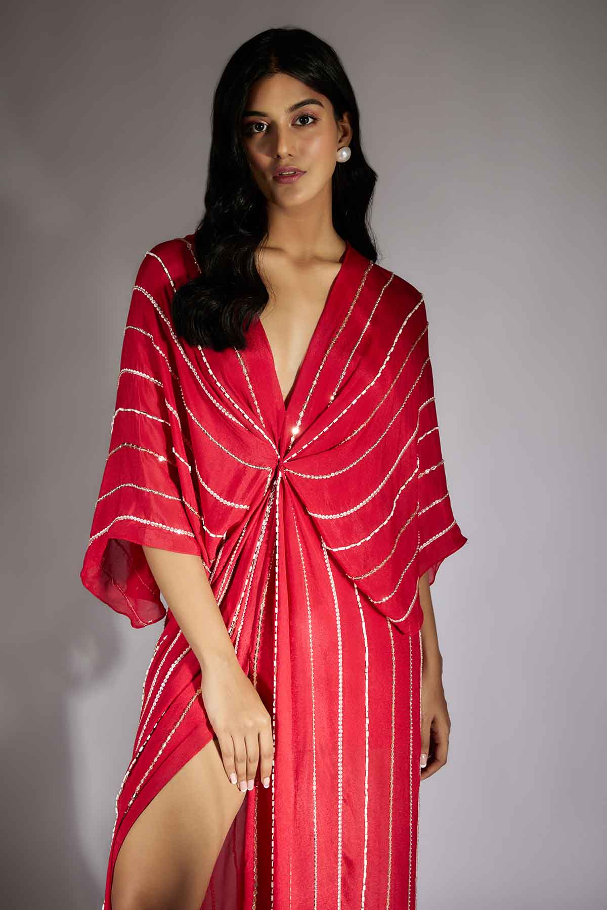 Red Embroidered Drape Dress
