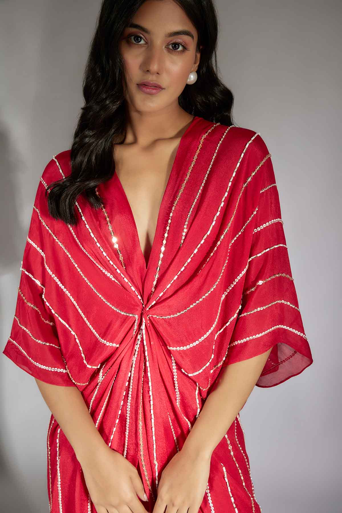 Red Embroidered Drape Dress