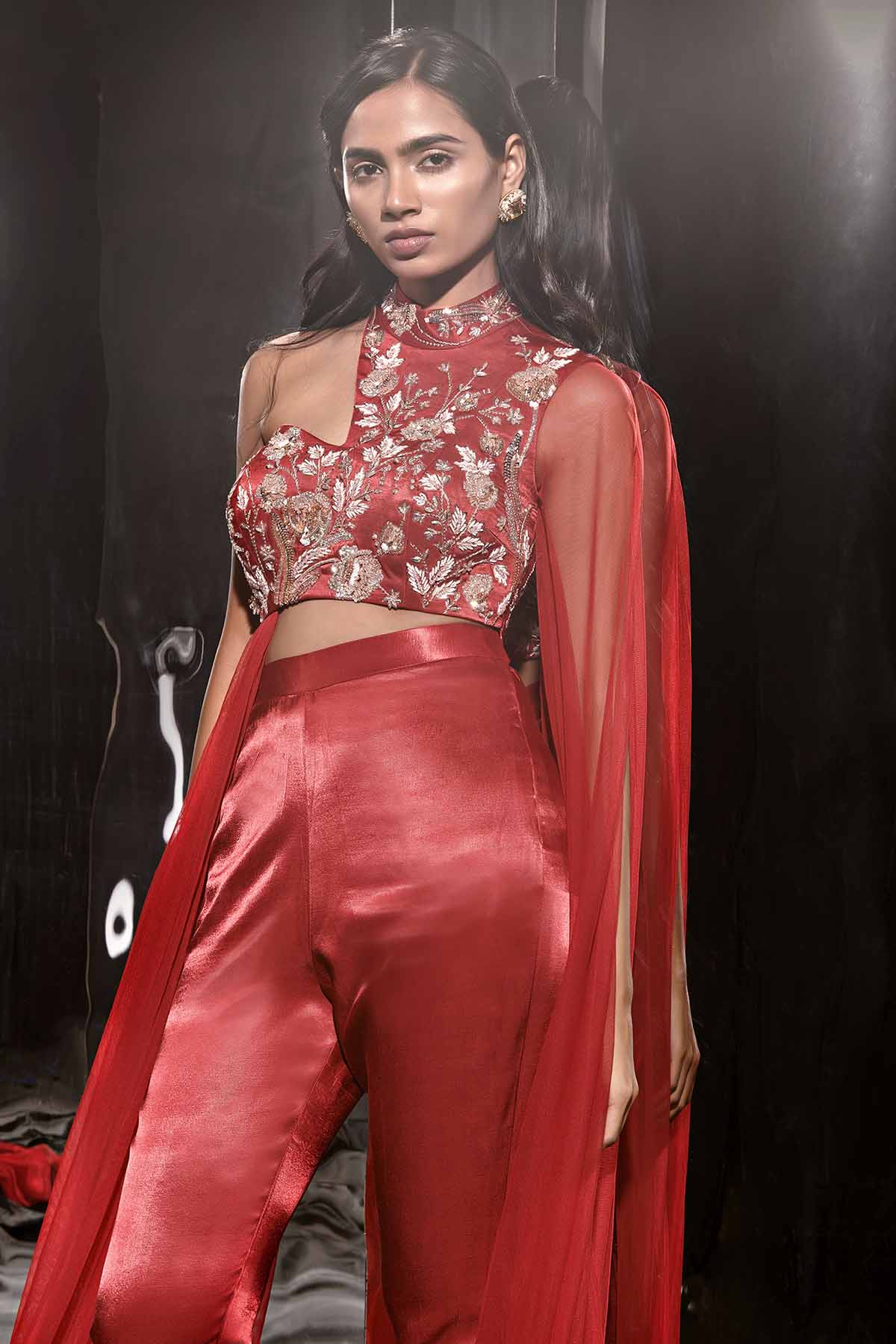 Red Embroidered Drape Pants Set