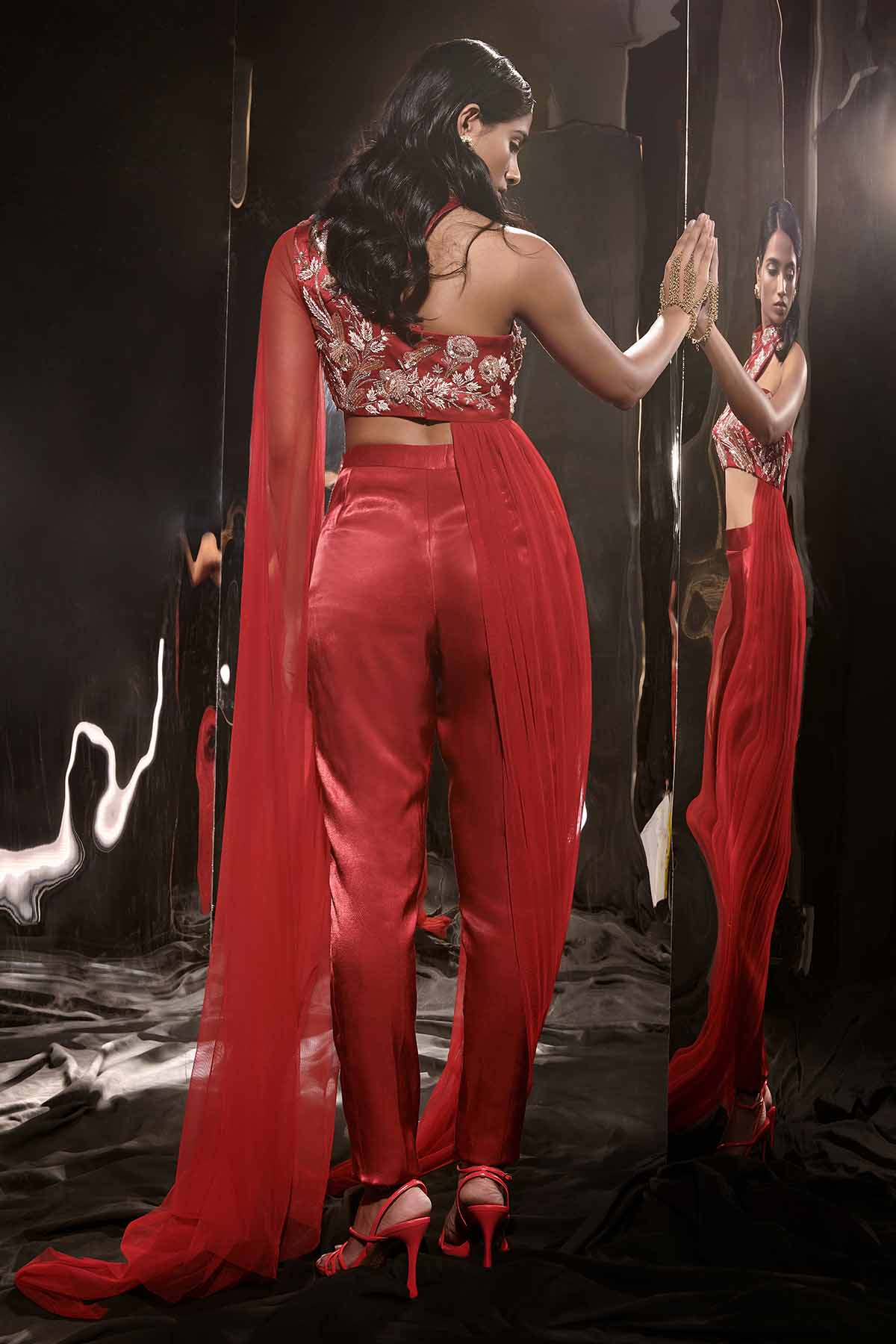 Red Embroidered Drape Pants Set