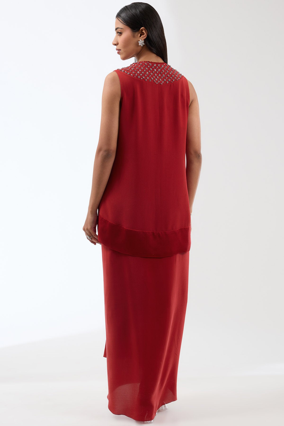 Red Embroidered Draped Skirt Set